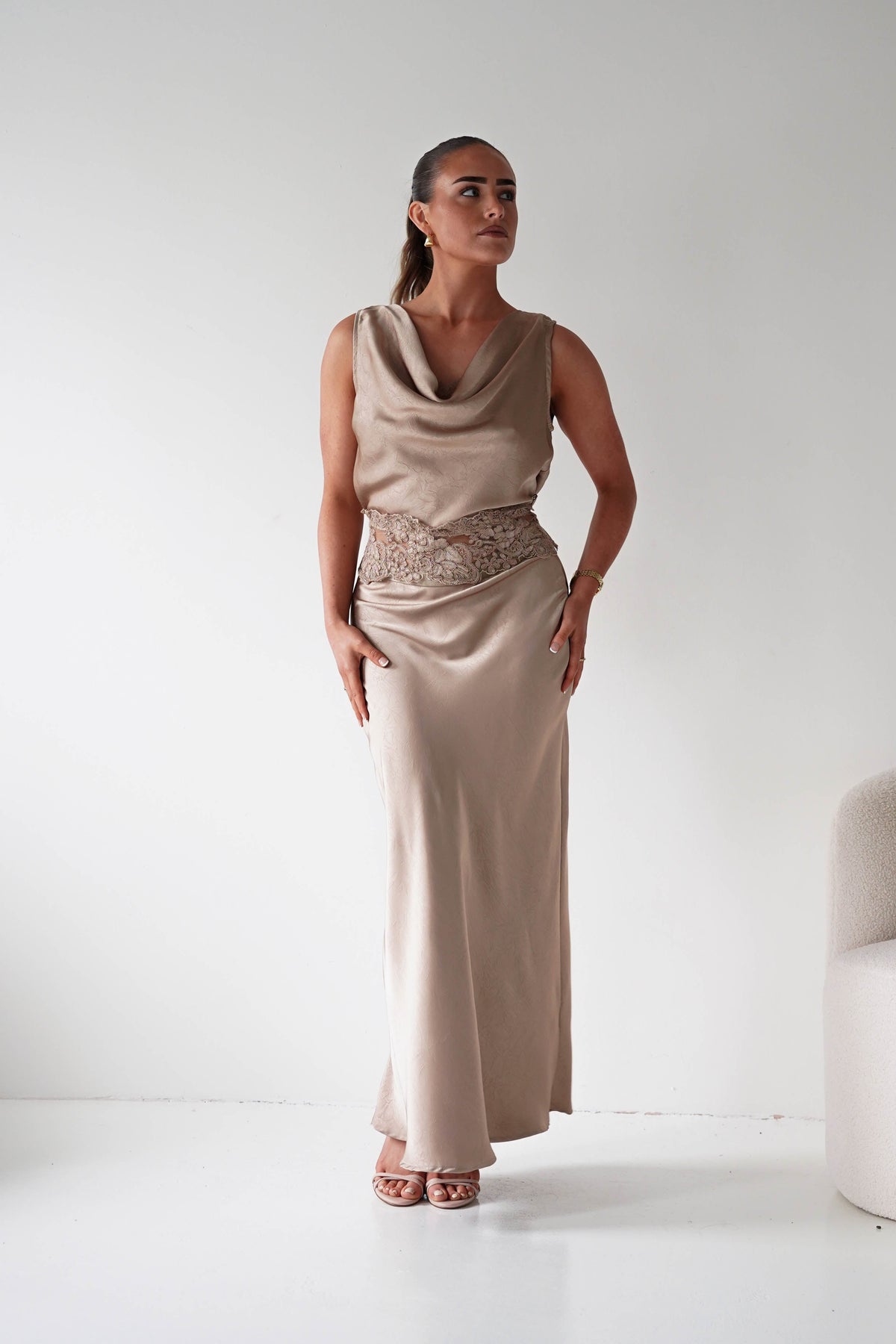 Elsa Satin Set With Lace Detail | Beige-Oh Hello Clothing
