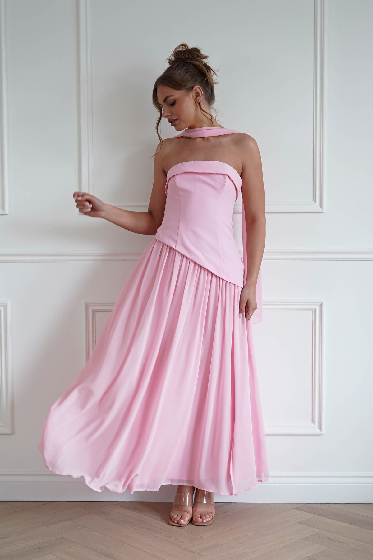 Elva Strapless Asymmetric Waist Maxi Dress | Pink-Oh Hello Clothing