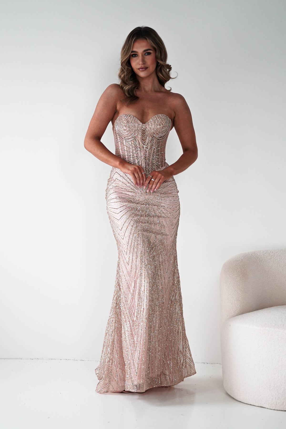 Elyse Glitter Strapless Gown | Rose Gold-Oh Hello Clothing