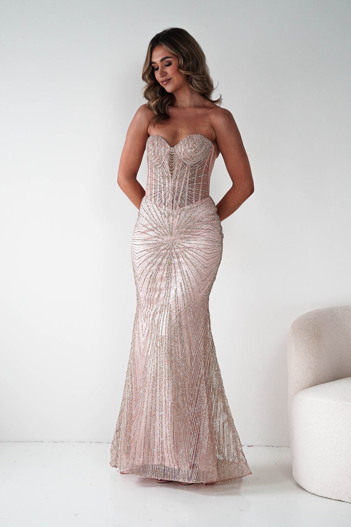 Elyse Glitter Strapless Gown | Rose Gold-Oh Hello Clothing