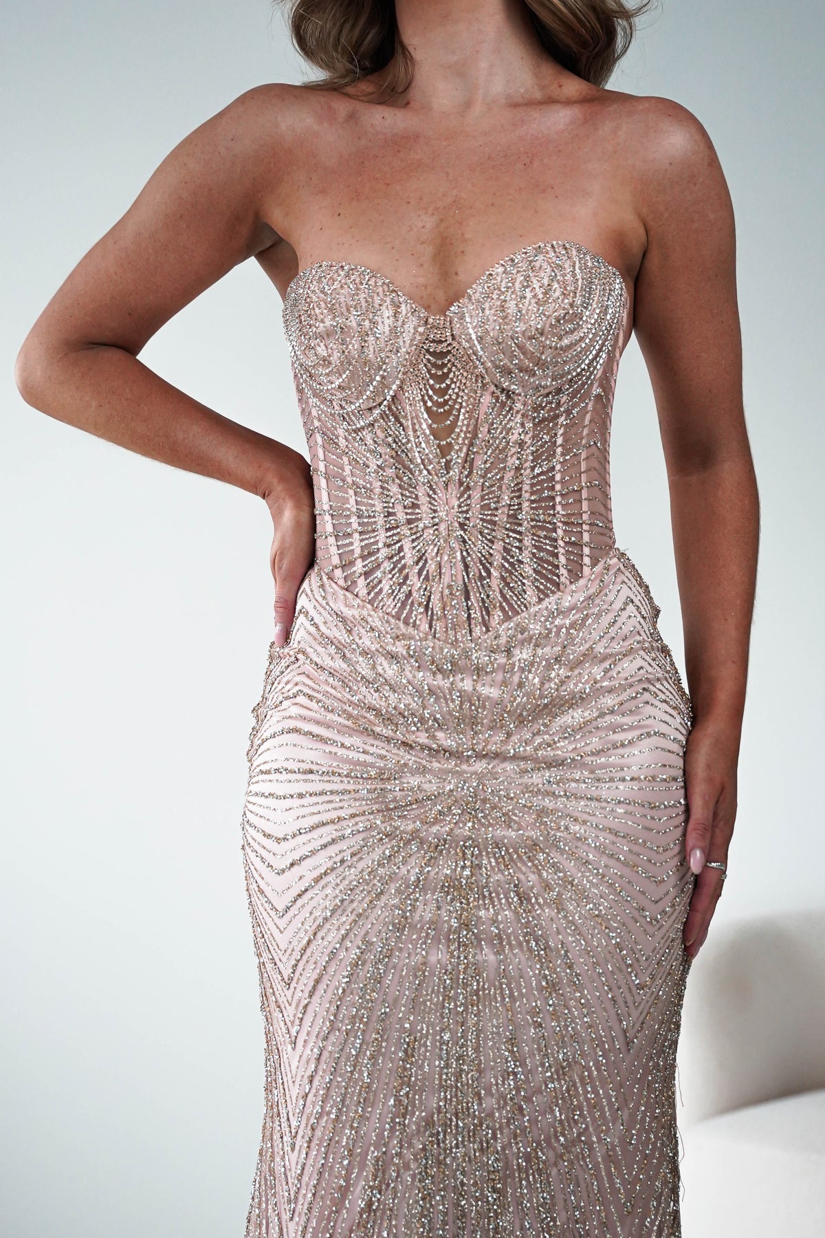 Elyse Glitter Strapless Gown | Rose Gold-Oh Hello Clothing