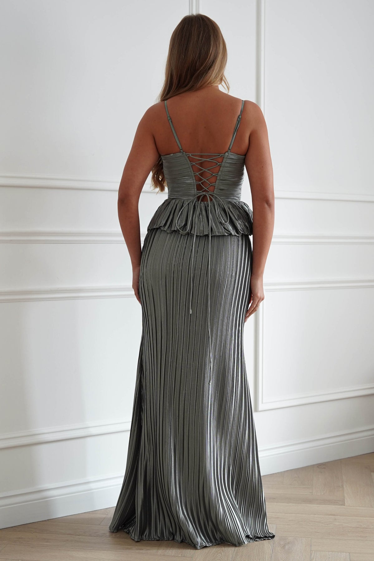 Ember Pleated Peplum Maxi Dress | Light Sage-Oh Hello Clothing
