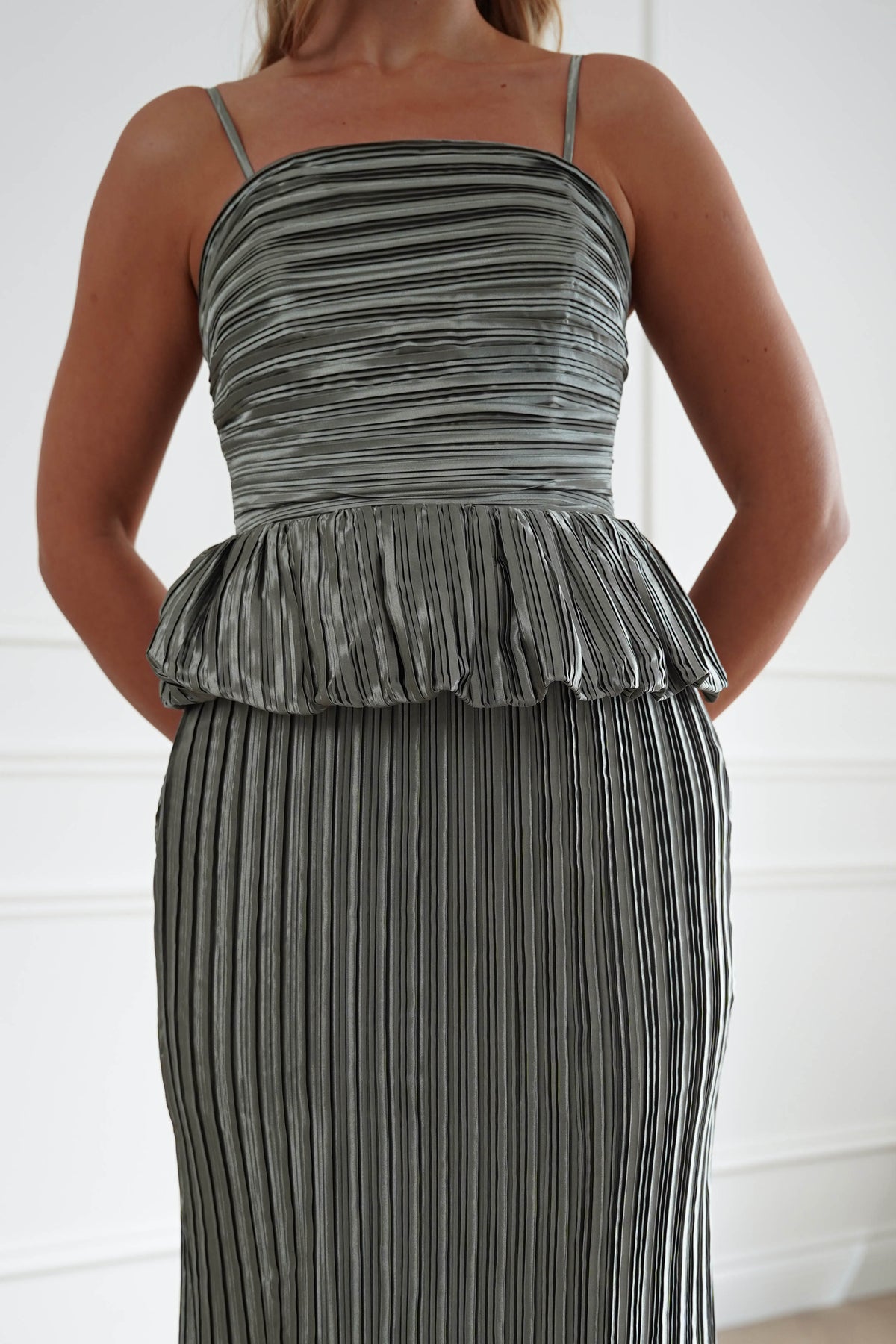 Ember Pleated Peplum Maxi Dress | Light Sage-Oh Hello Clothing