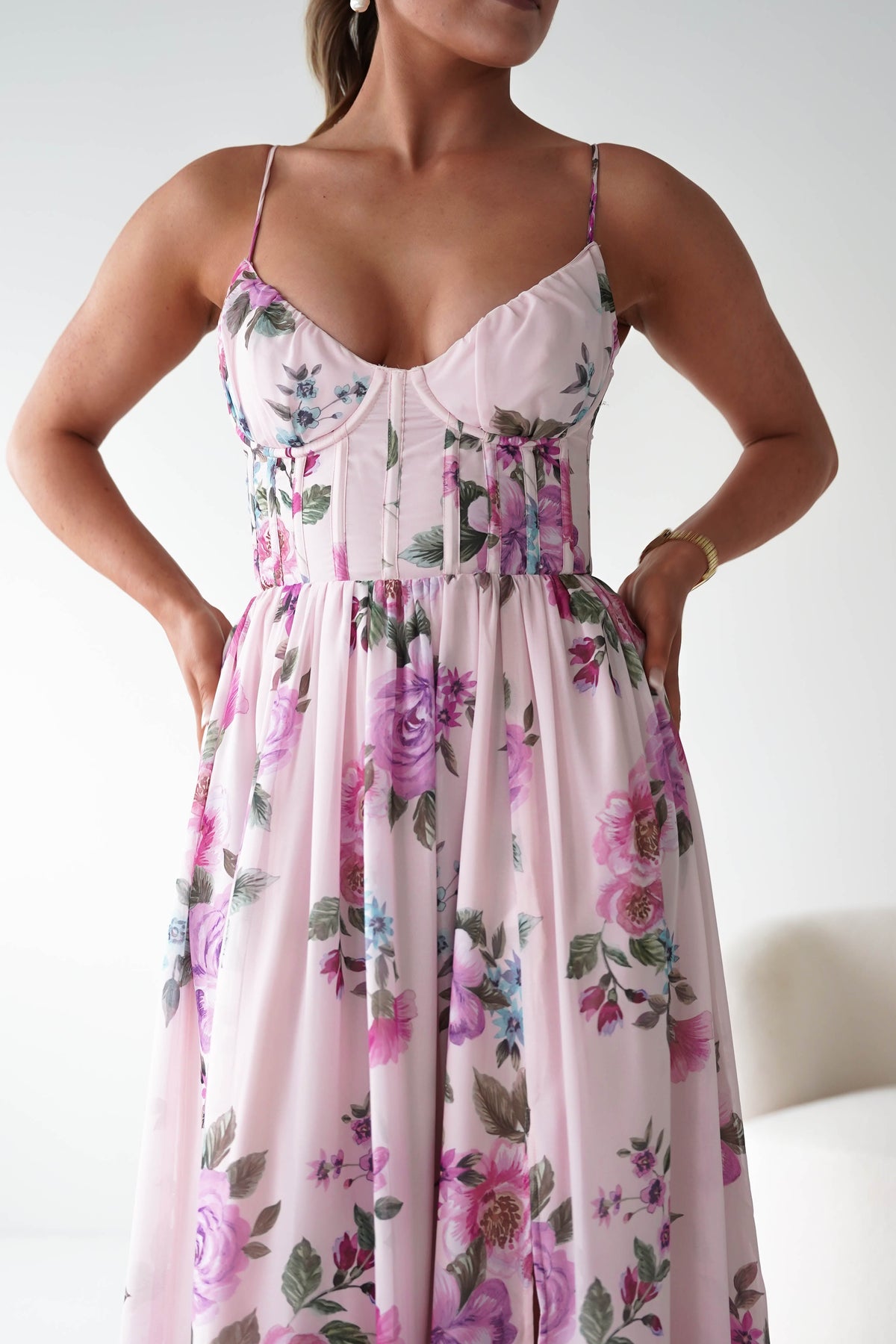 Emmy Floral Print Corset Maxi Dress | Lilac-Oh Hello Clothing