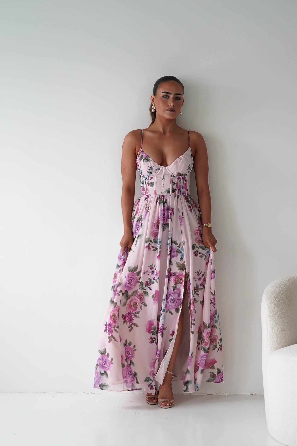 Emmy Floral Print Corset Maxi Dress | Lilac-Oh Hello Clothing