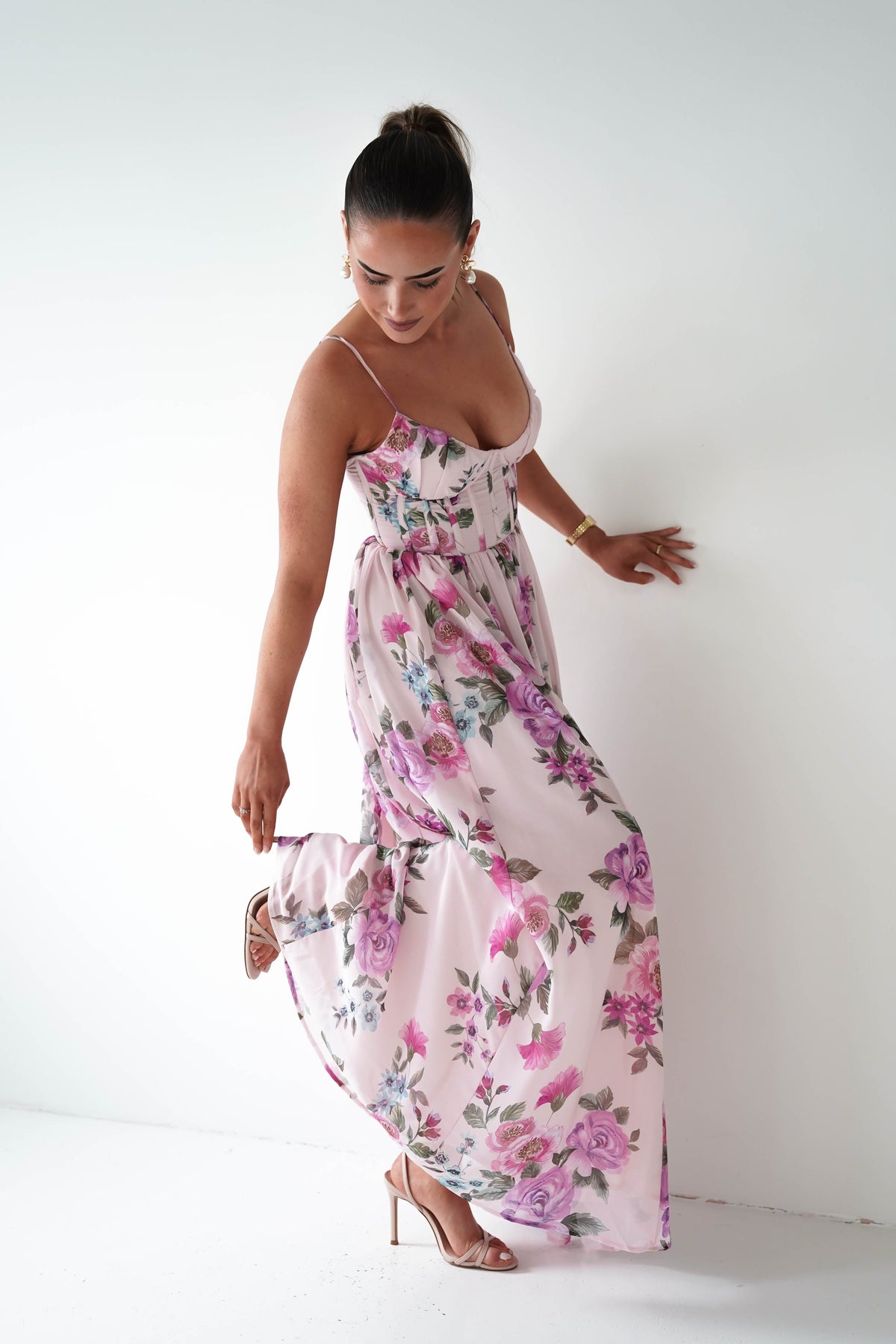 Emmy Floral Print Corset Maxi Dress | Lilac-Oh Hello Clothing