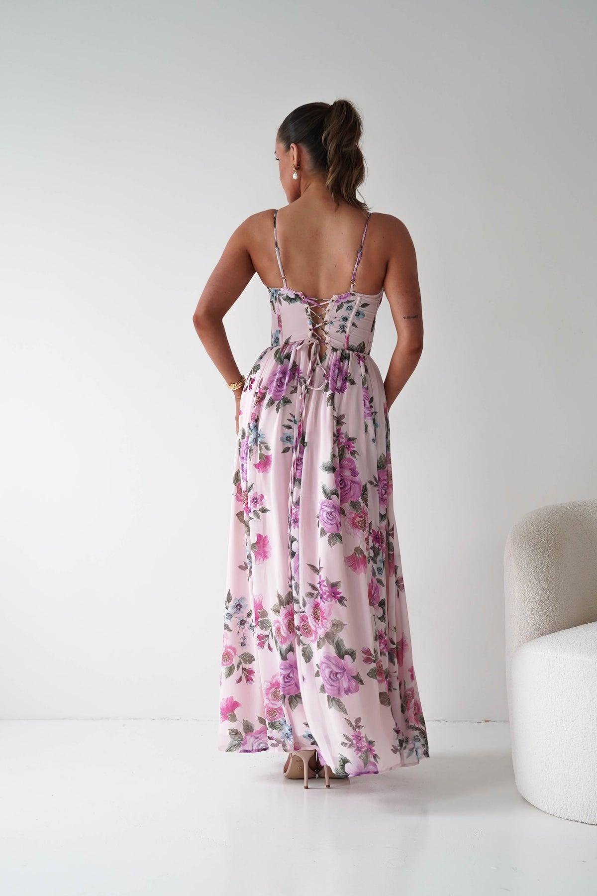 Emmy Floral Print Corset Maxi Dress | Lilac-Oh Hello Clothing