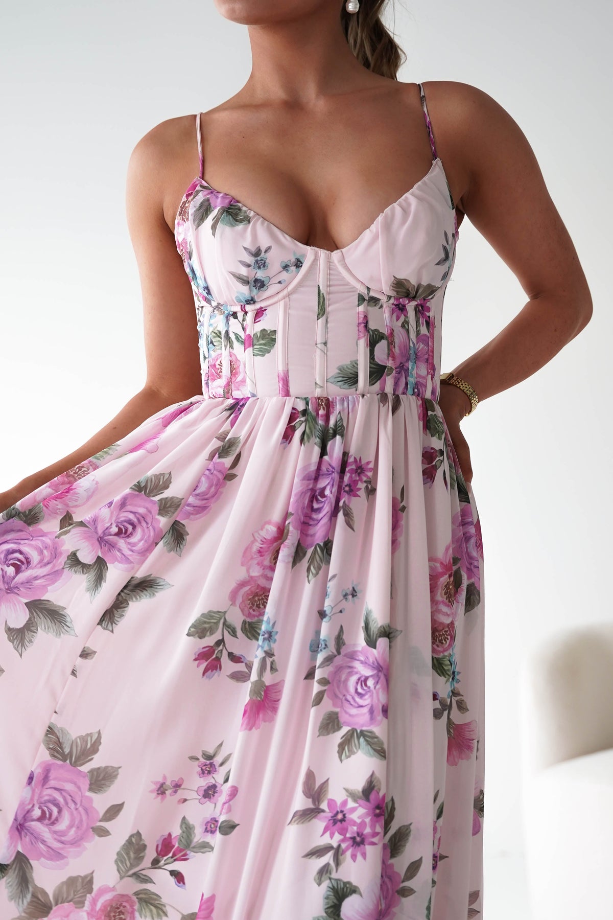 Emmy Floral Print Corset Maxi Dress | Lilac-Oh Hello Clothing