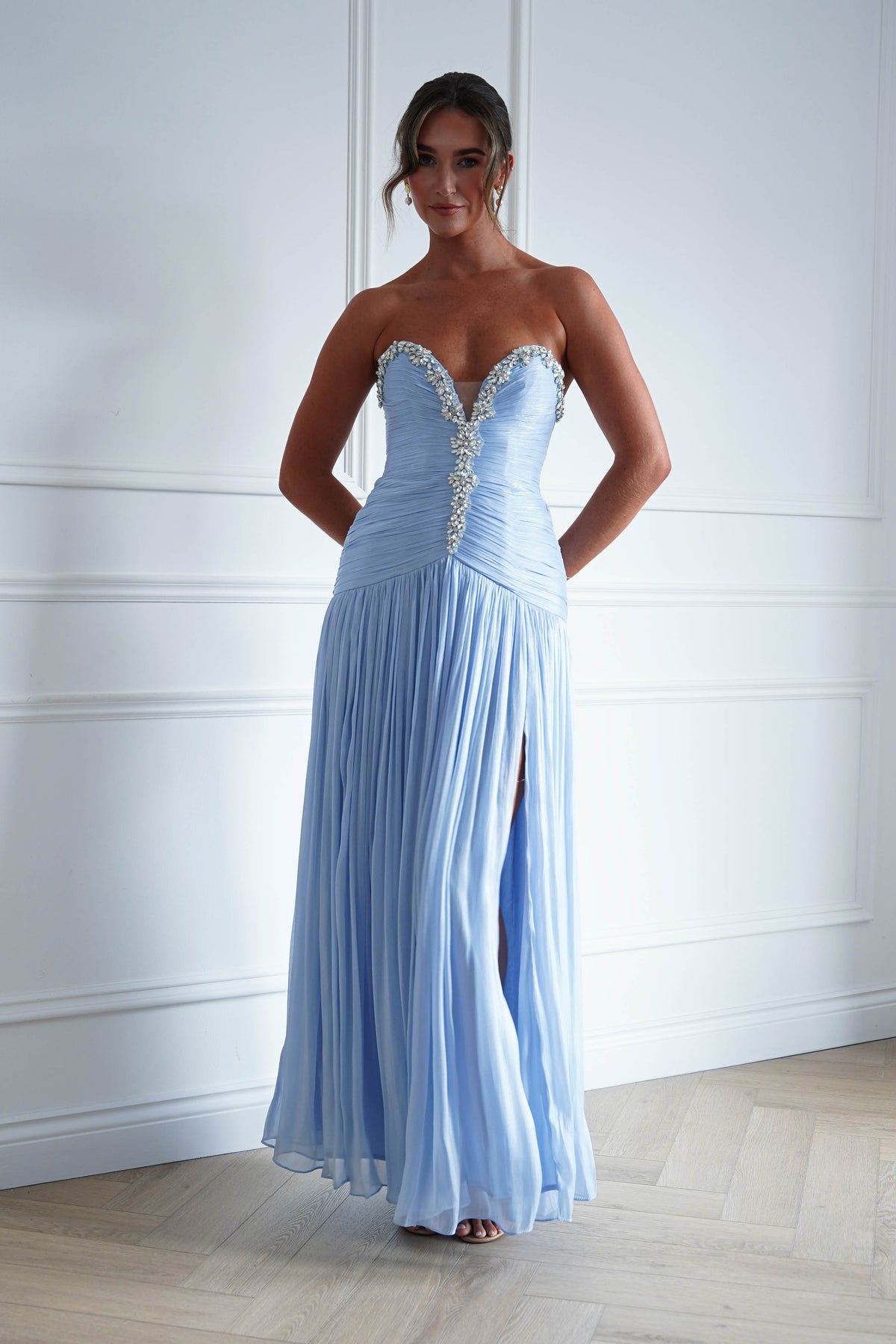 Estella Diamante Trim Ruched Maxi Gown | Blue-Oh Hello Clothing