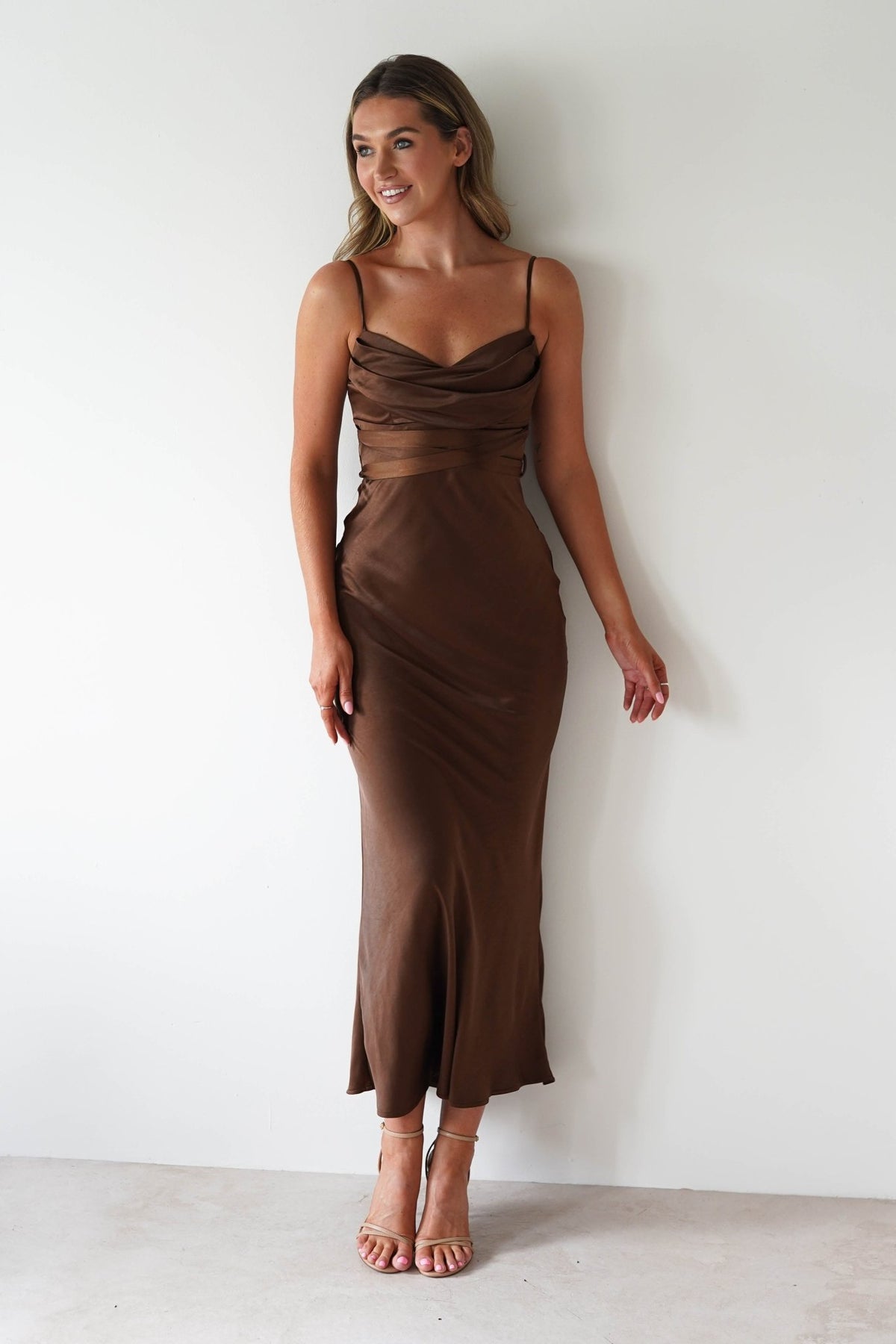 Everleigh Soft Satin Midaxi Dress | Brown-Oh Hello Clothing