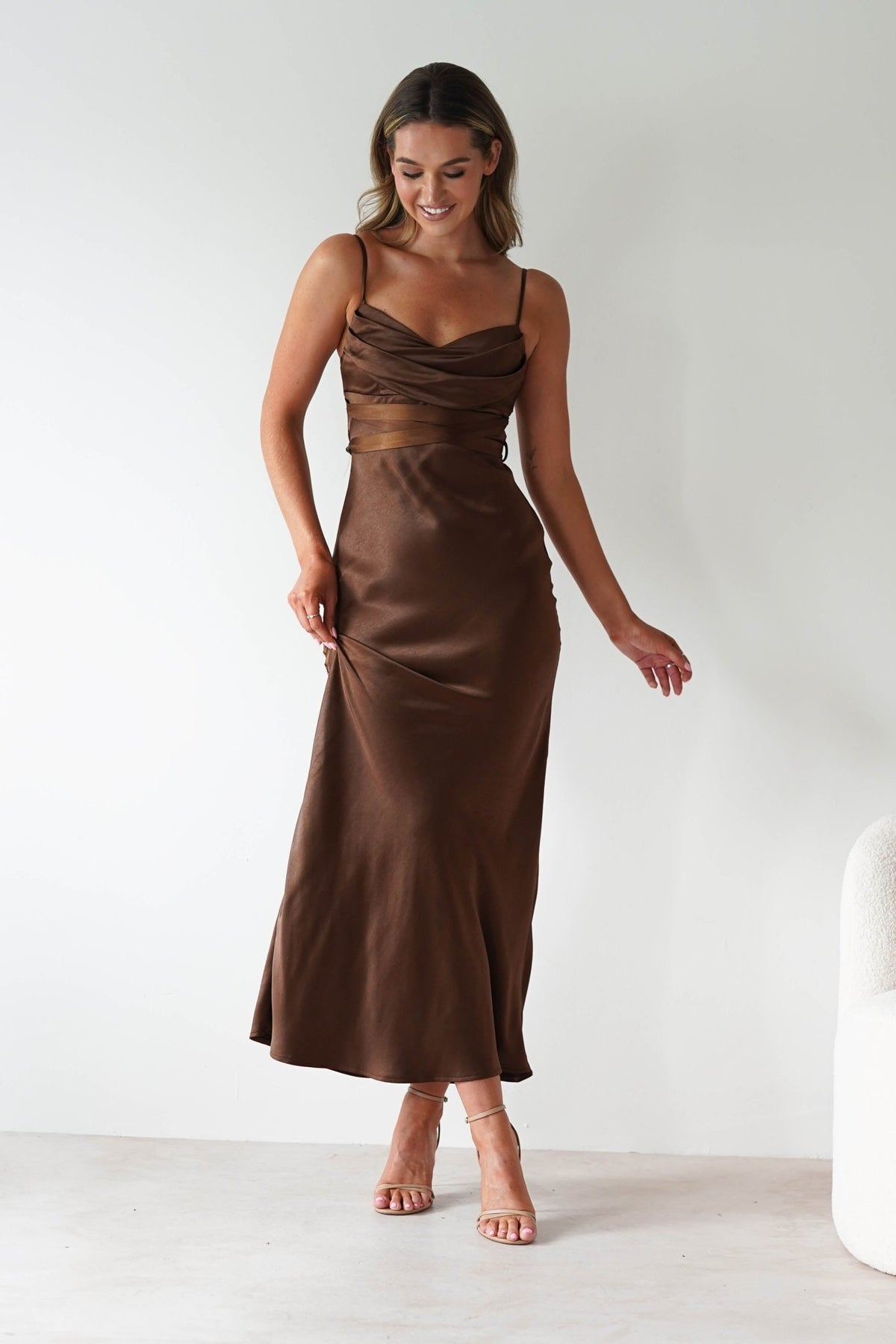 Everleigh Soft Satin Midaxi Dress | Brown-Oh Hello Clothing