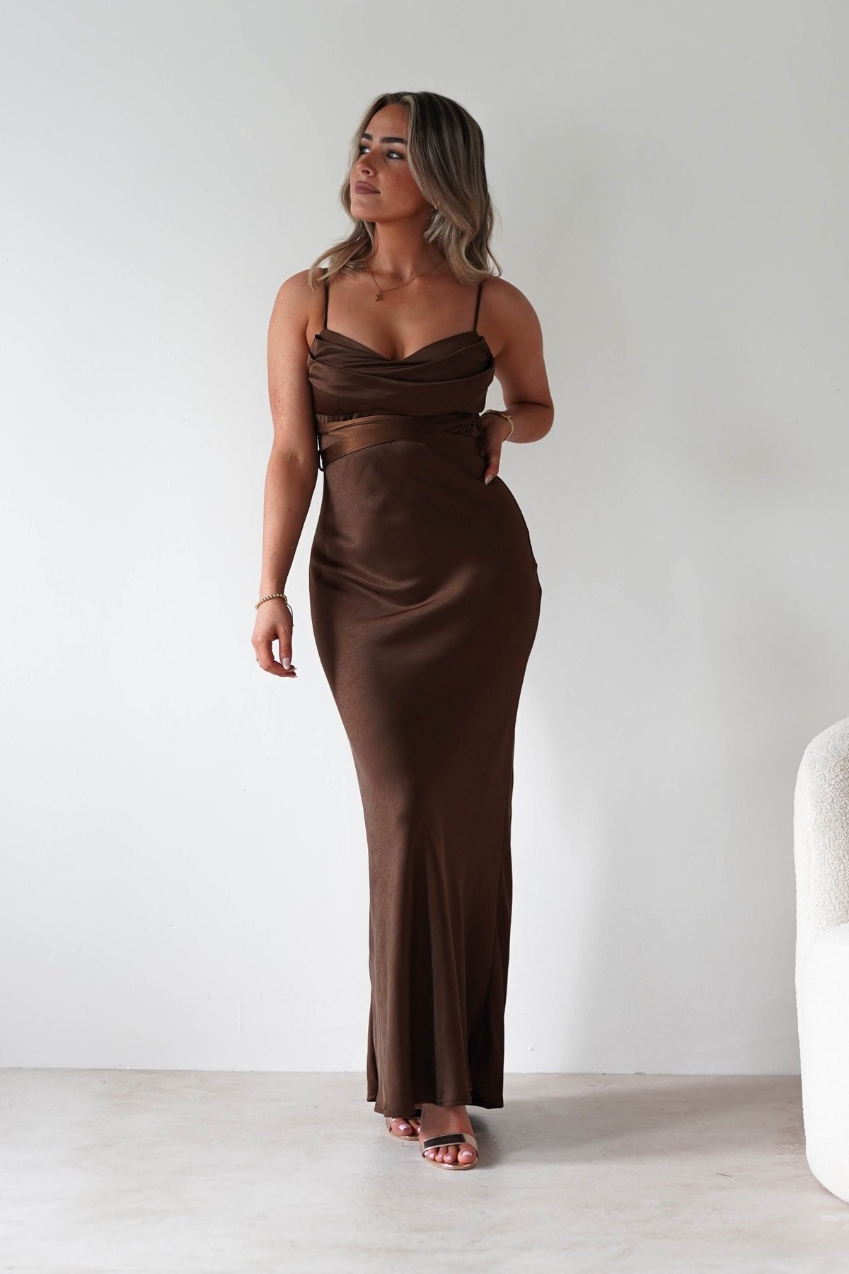 Everleigh Soft Satin Midaxi Dress | Brown-Oh Hello Clothing