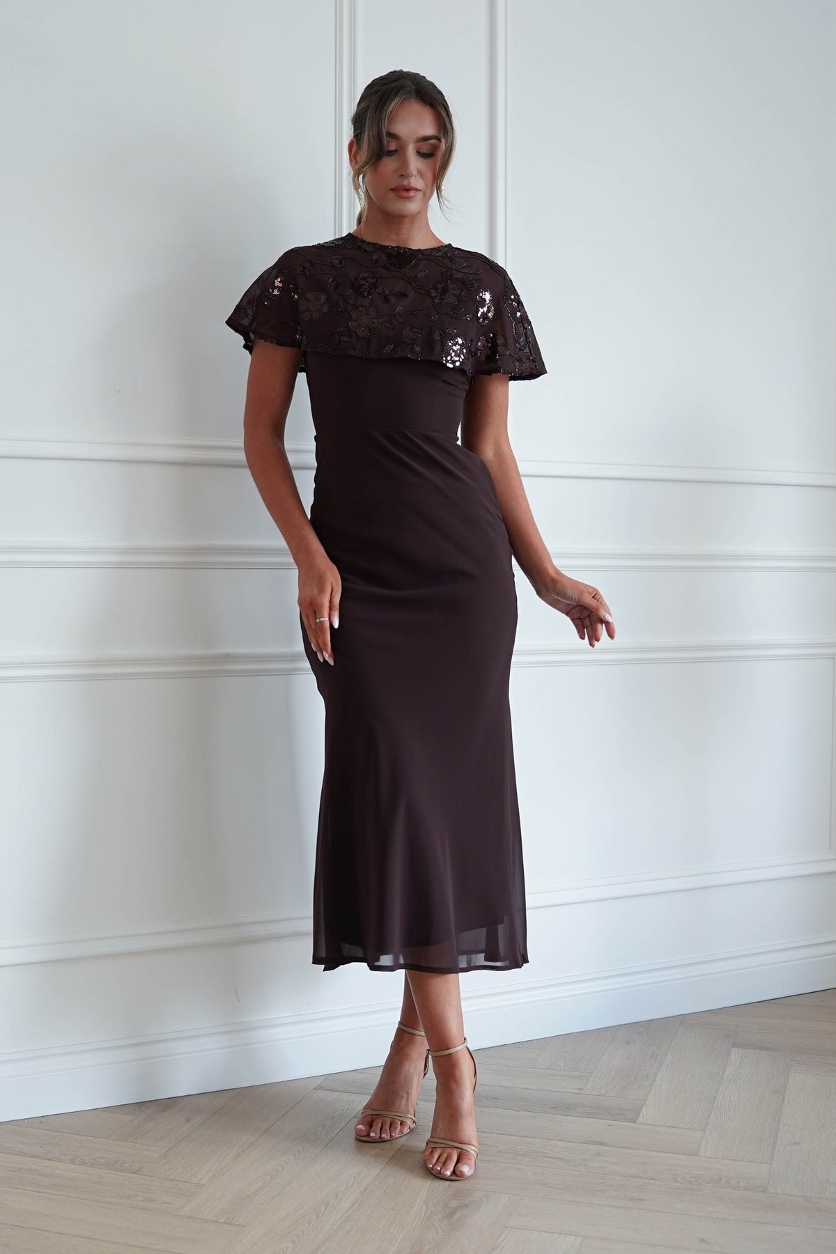 Fatima Sequin Cape Maxi Dress | Brown-Oh Hello Clothing