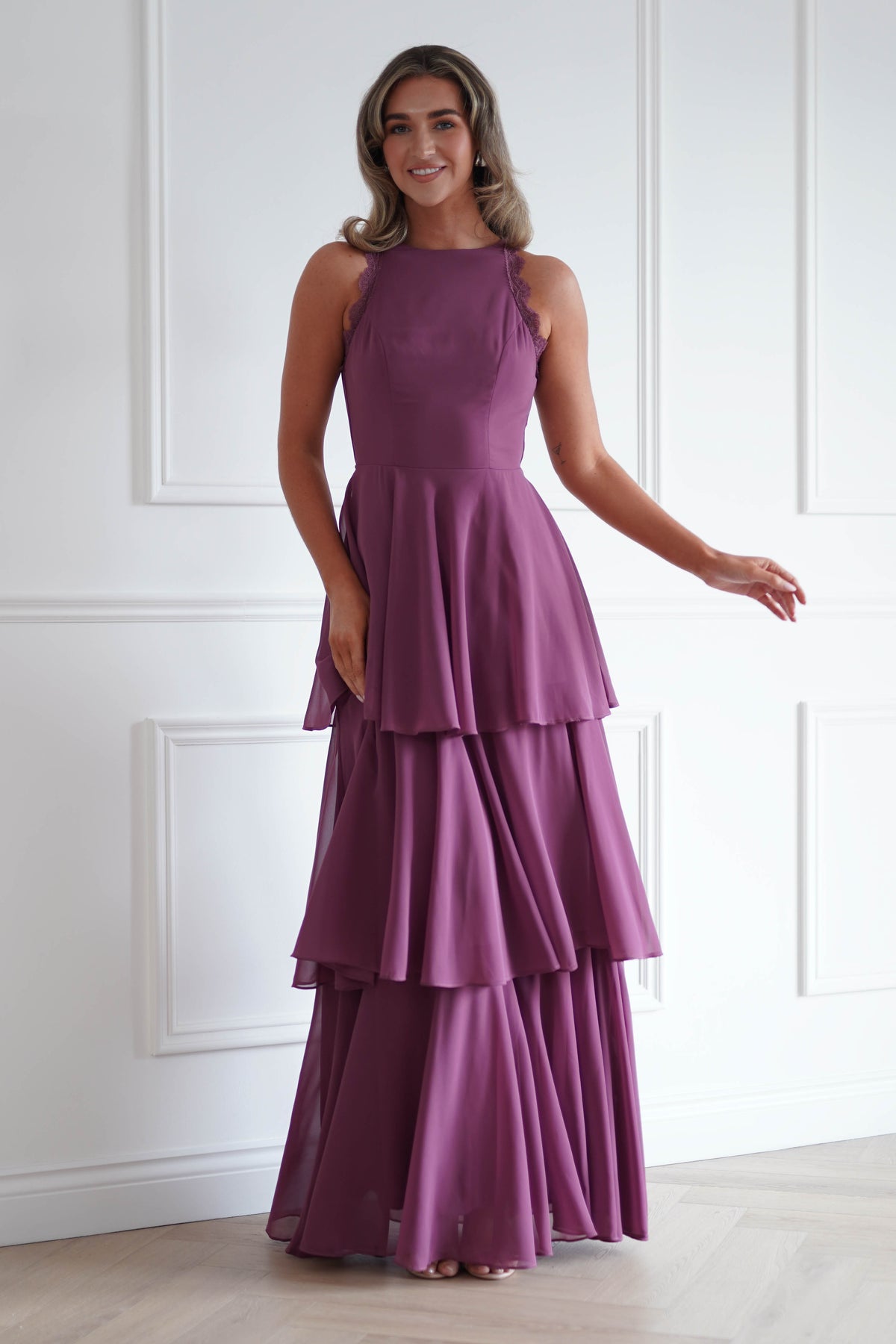 Oh Hello Clothing Women > Clothing > Dresses Ferne Lace Detail Tiered Maxi Dress | Dark Rose