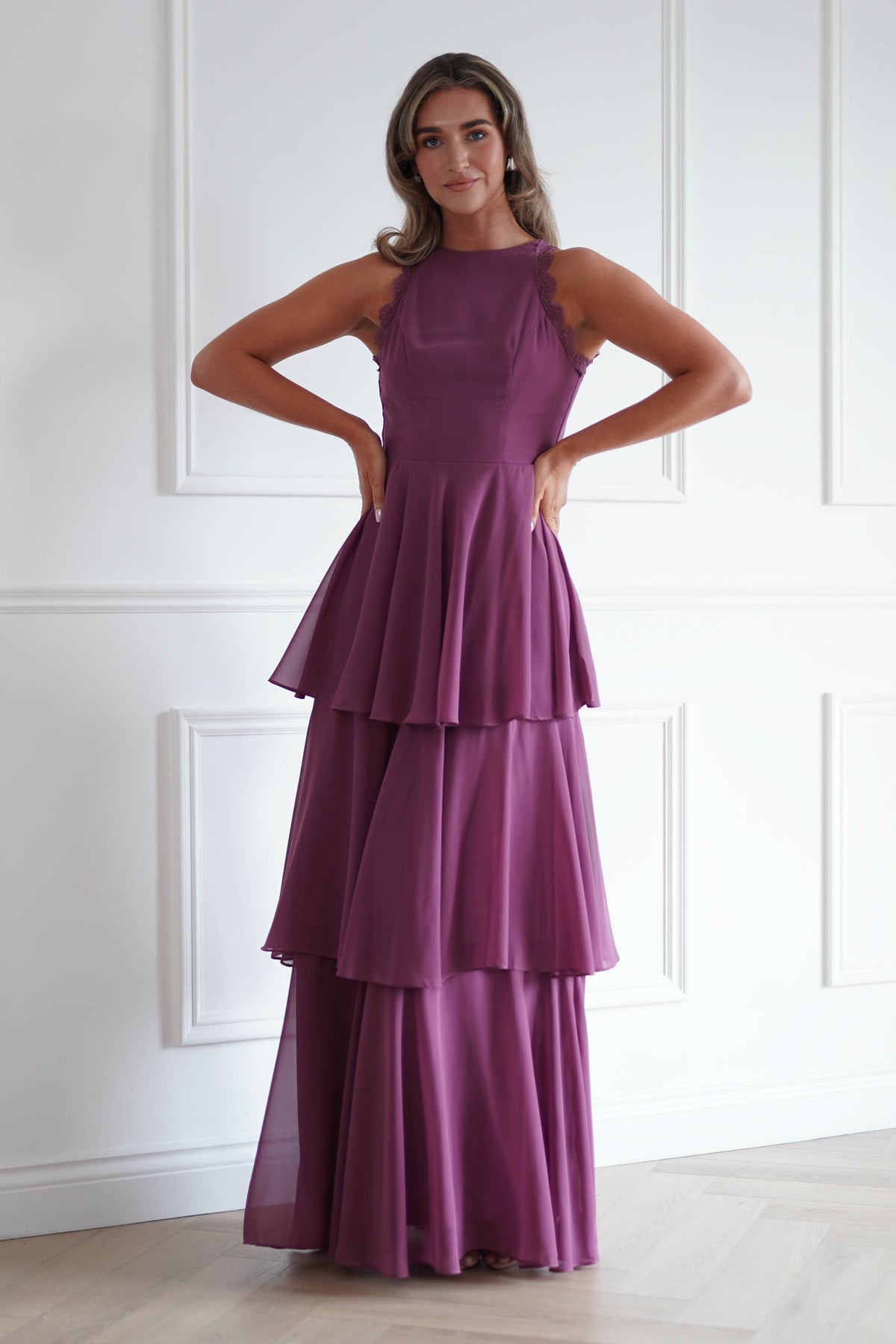 Oh Hello Clothing Women > Clothing > Dresses Ferne Lace Detail Tiered Maxi Dress | Dark Rose