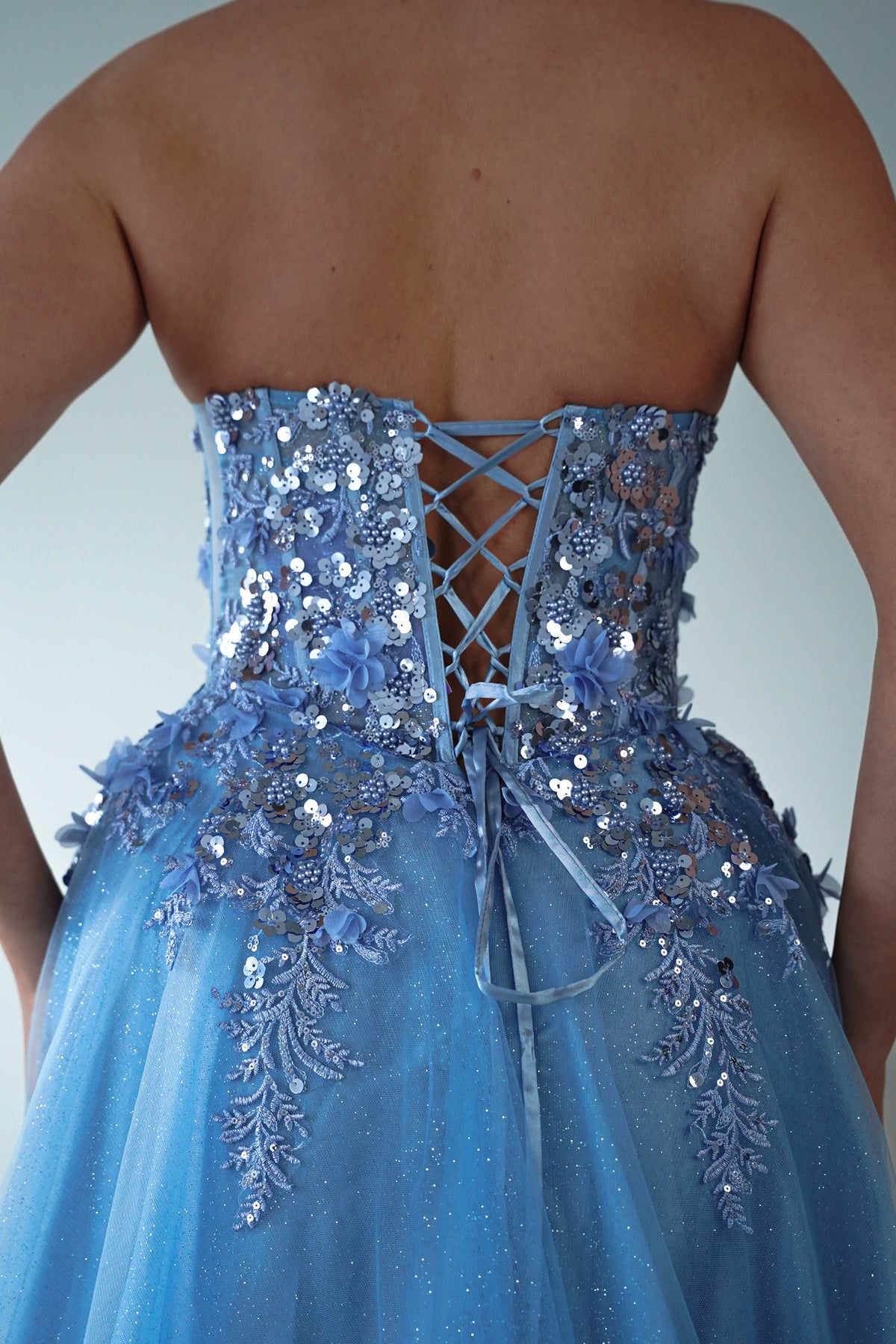 Francesca Strapless Floral Appliqué Ball Gown | Blue-Oh Hello Clothing