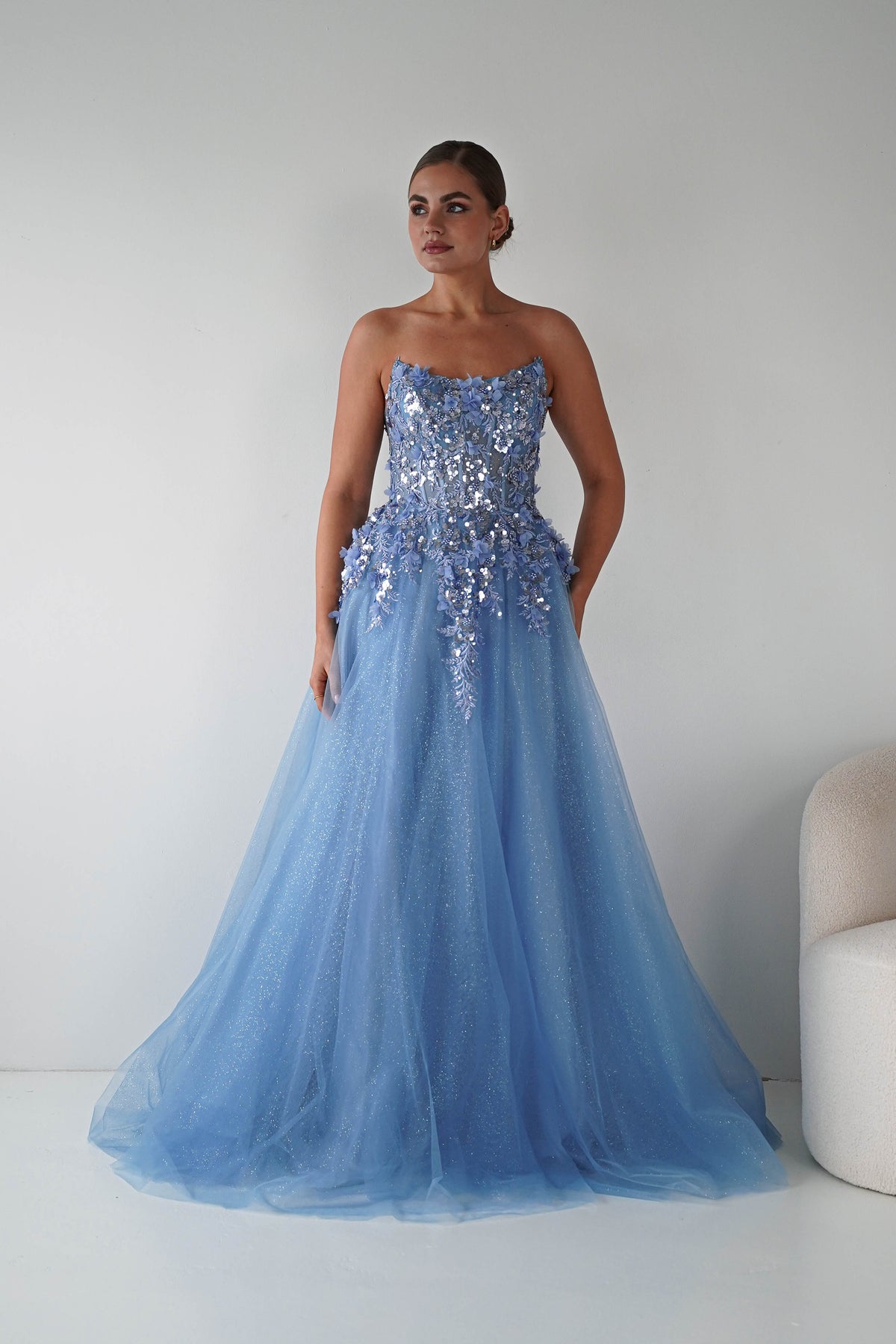 Francesca Strapless Floral Appliqué Ball Gown | Blue-Oh Hello Clothing