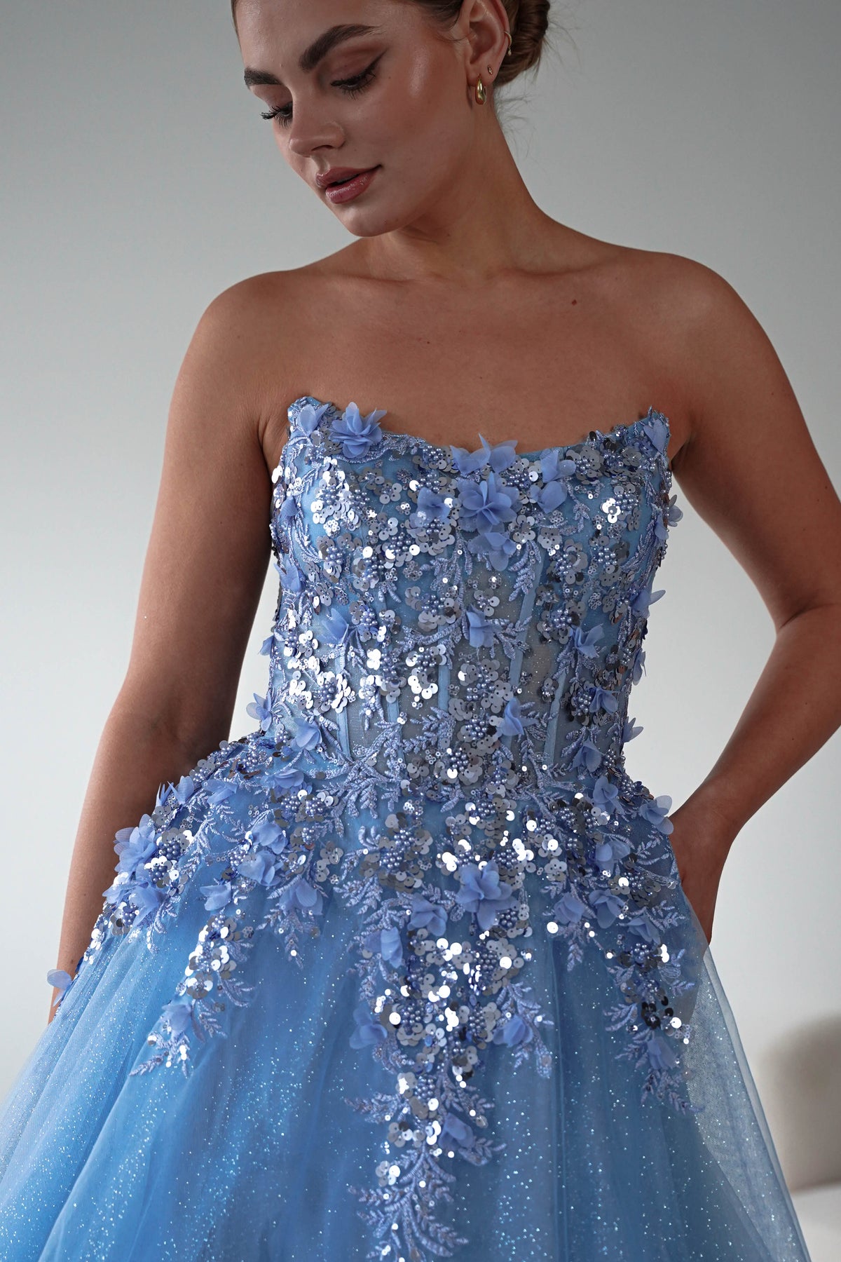 Francesca Strapless Floral Appliqué Ball Gown | Blue-Oh Hello Clothing