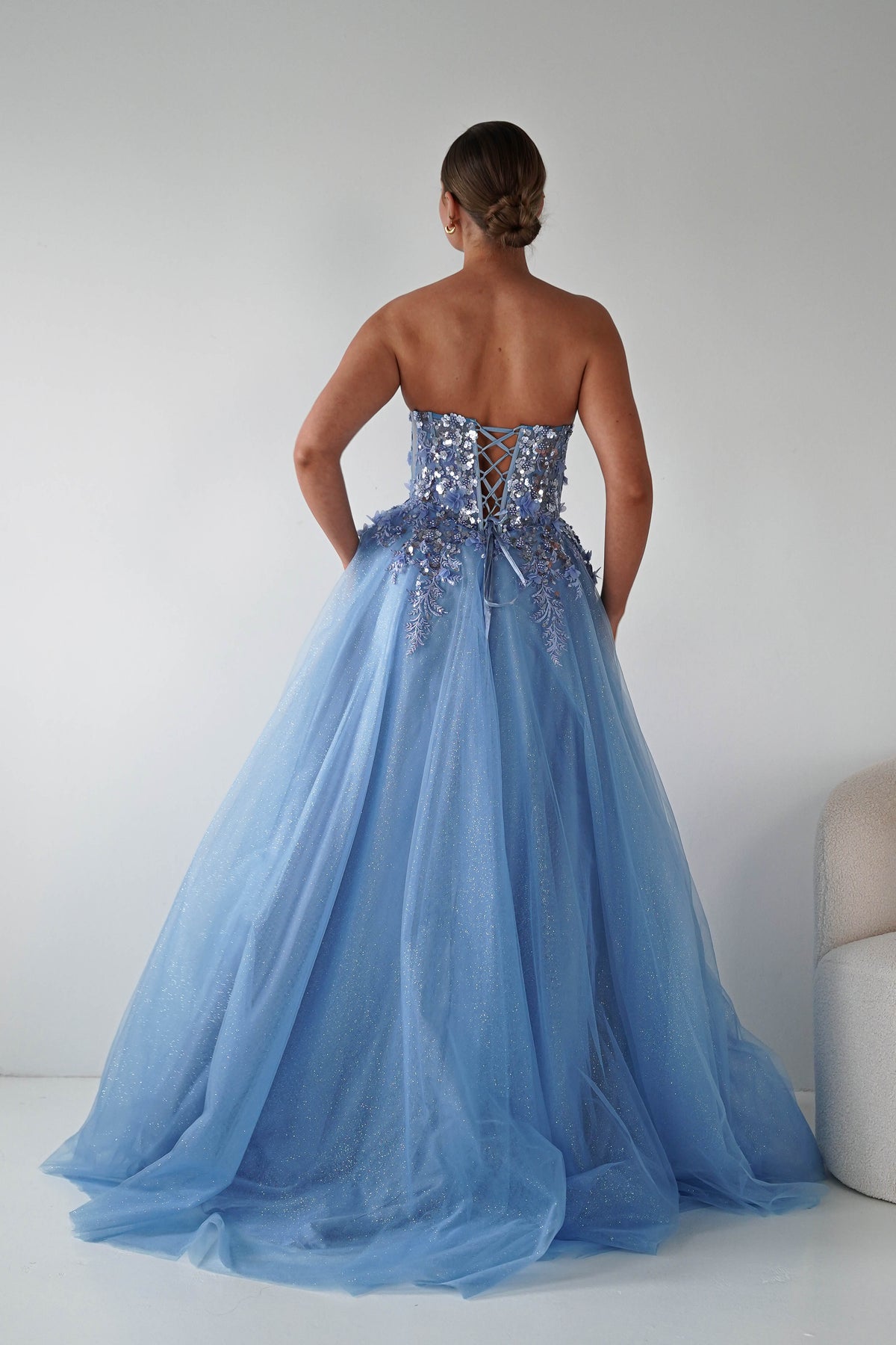 Francesca Strapless Floral Appliqué Ball Gown | Blue-Oh Hello Clothing