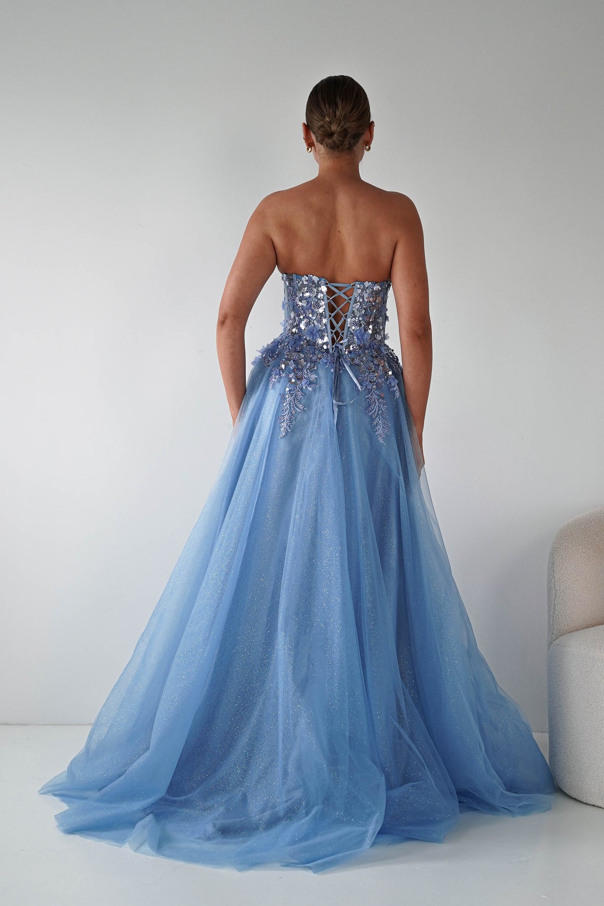 Francesca Strapless Floral Appliqué Ball Gown | Blue-Oh Hello Clothing