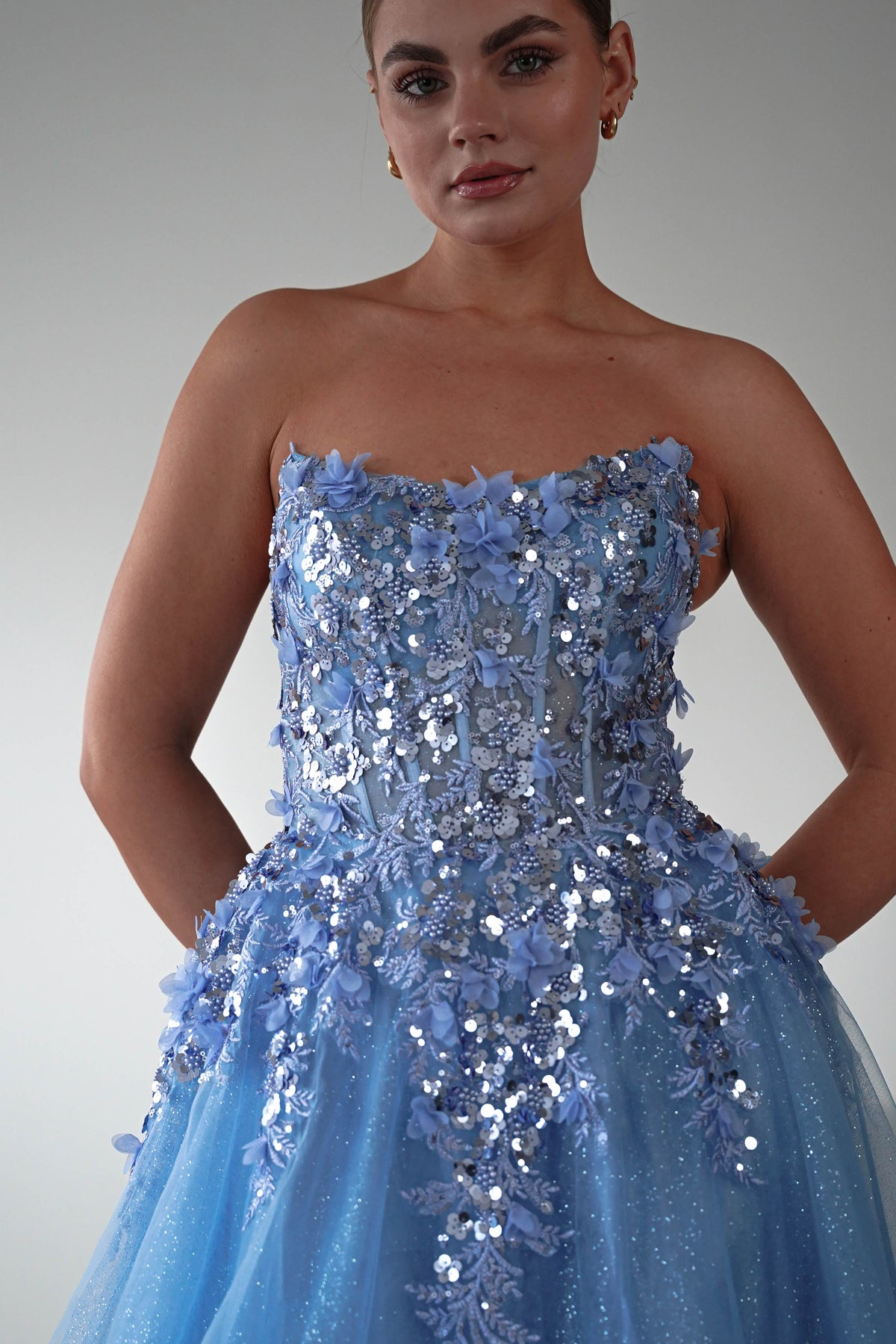 Francesca Strapless Floral Appliqué Ball Gown | Blue-Oh Hello Clothing