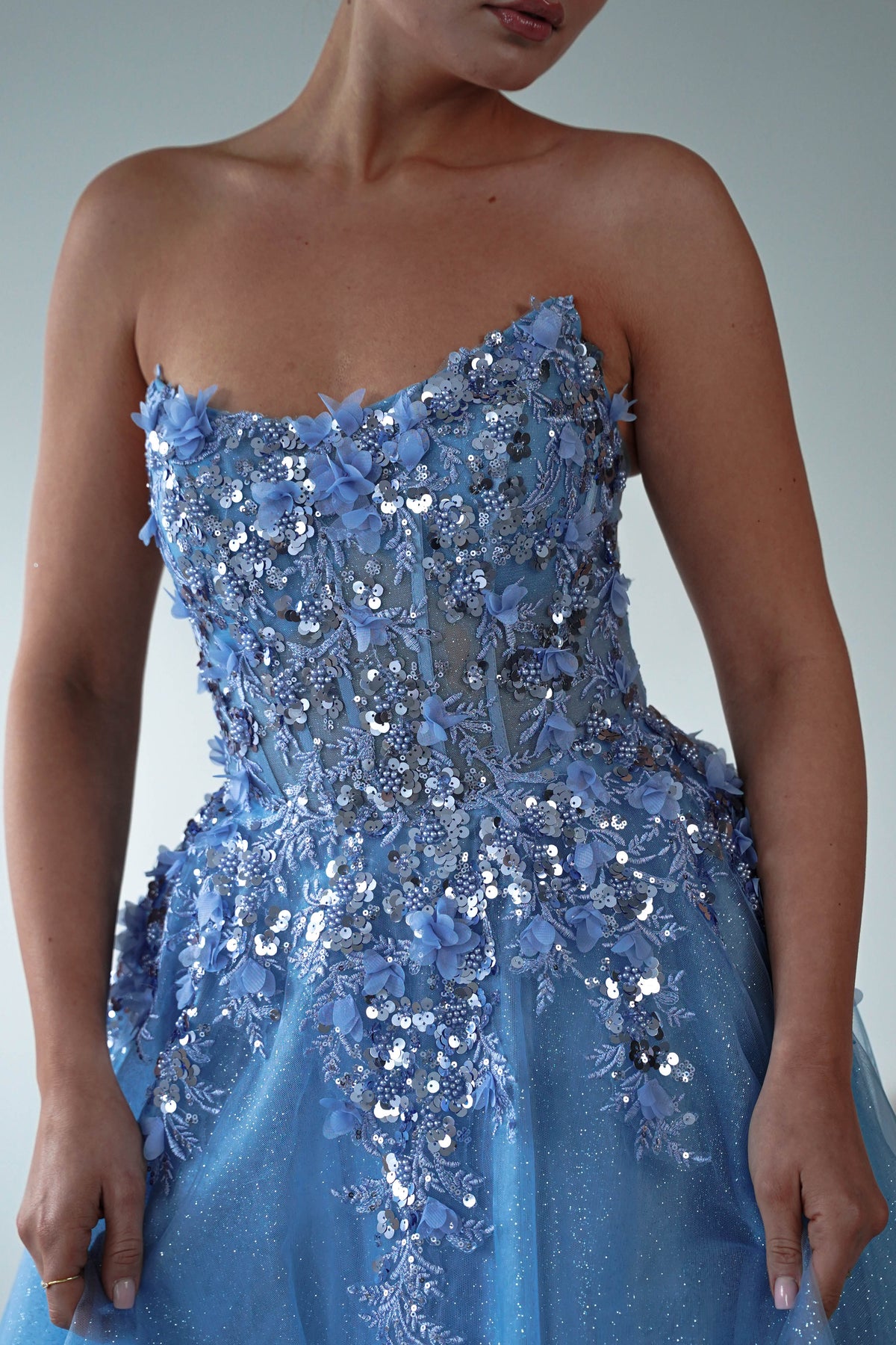 Francesca Strapless Floral Appliqué Ball Gown | Blue-Oh Hello Clothing