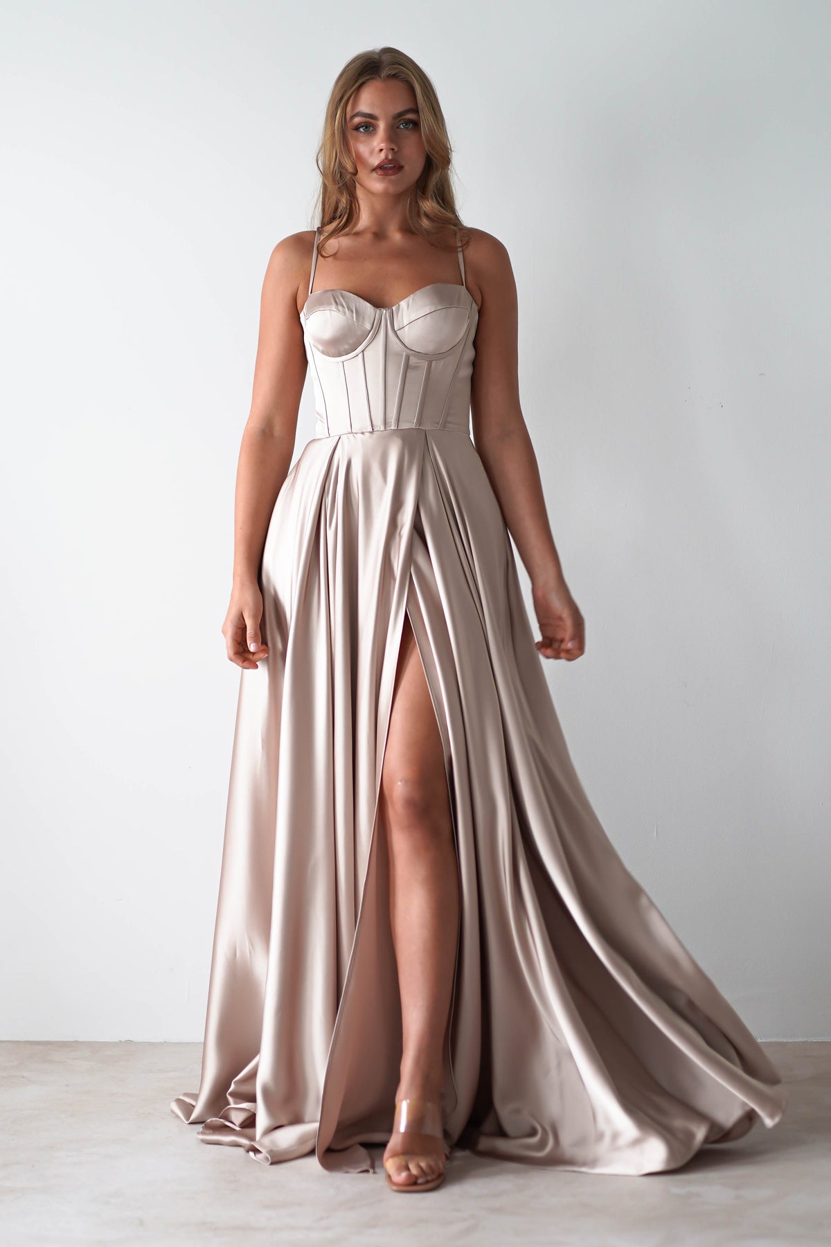 Georgia Soft Satin Maxi Gown | Champange-Oh Hello Clothing