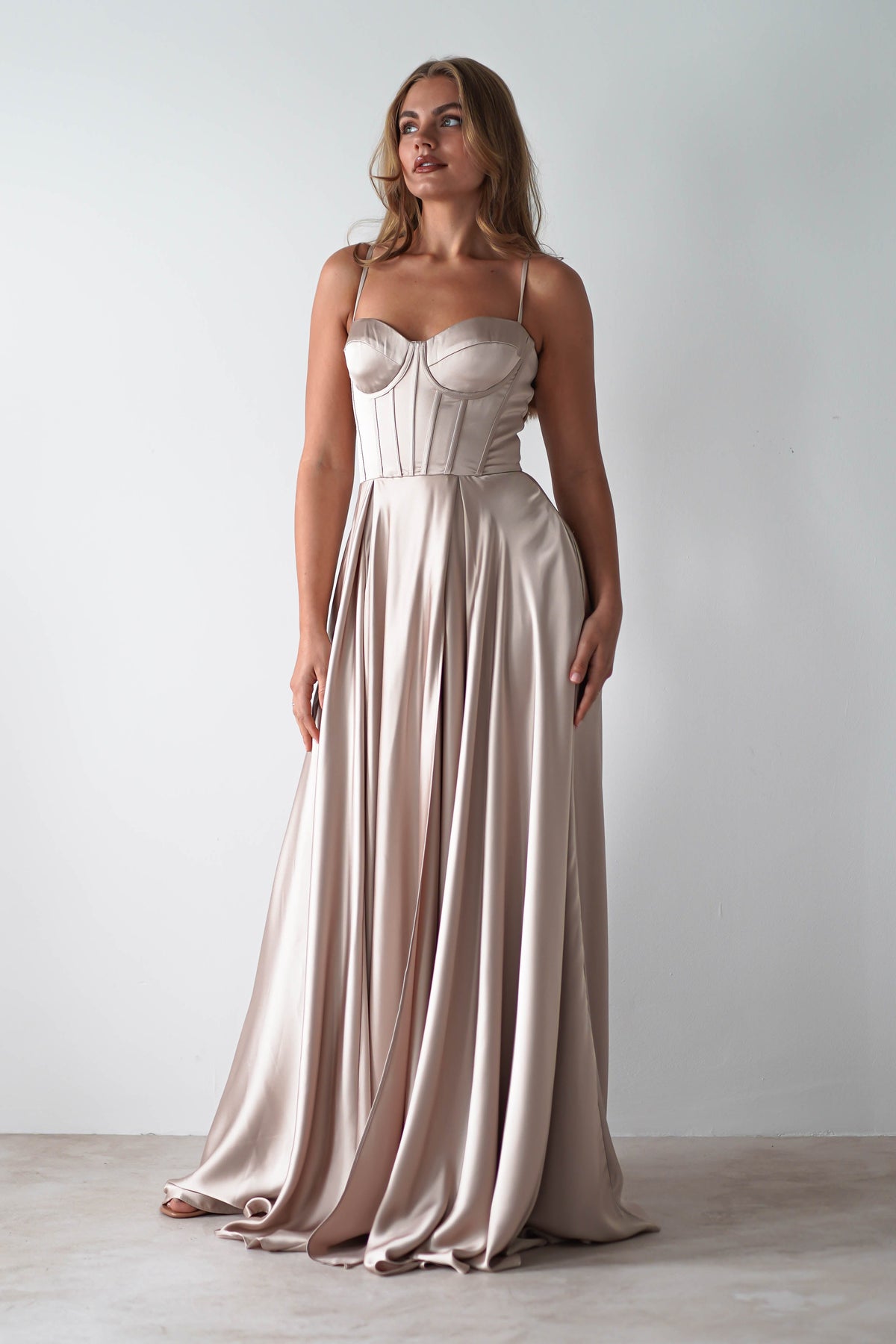 Georgia Soft Satin Maxi Gown | Champange-Oh Hello Clothing