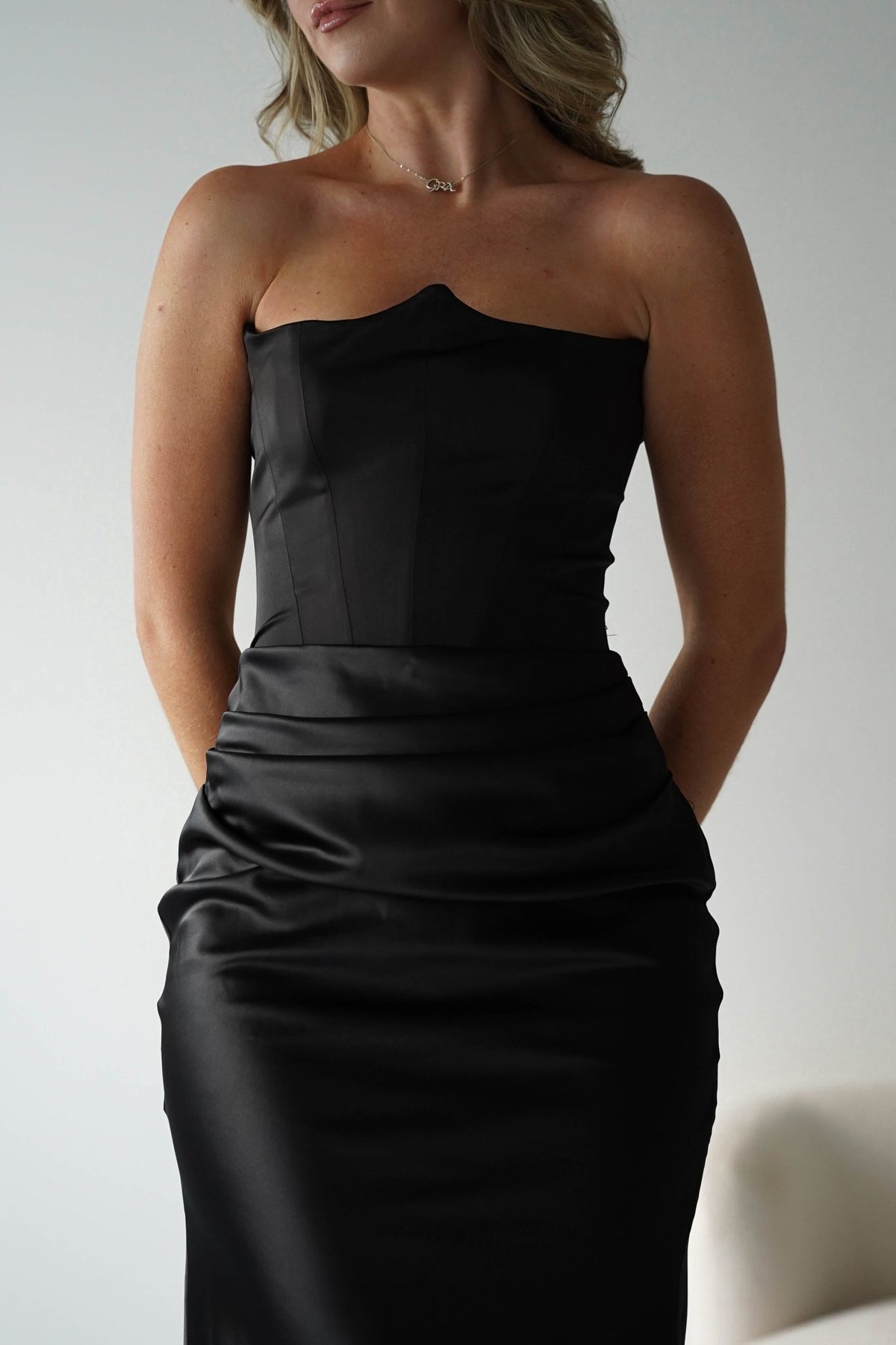 Giselle Corset Satin Maxi Dress | Black-Oh Hello Clothing
