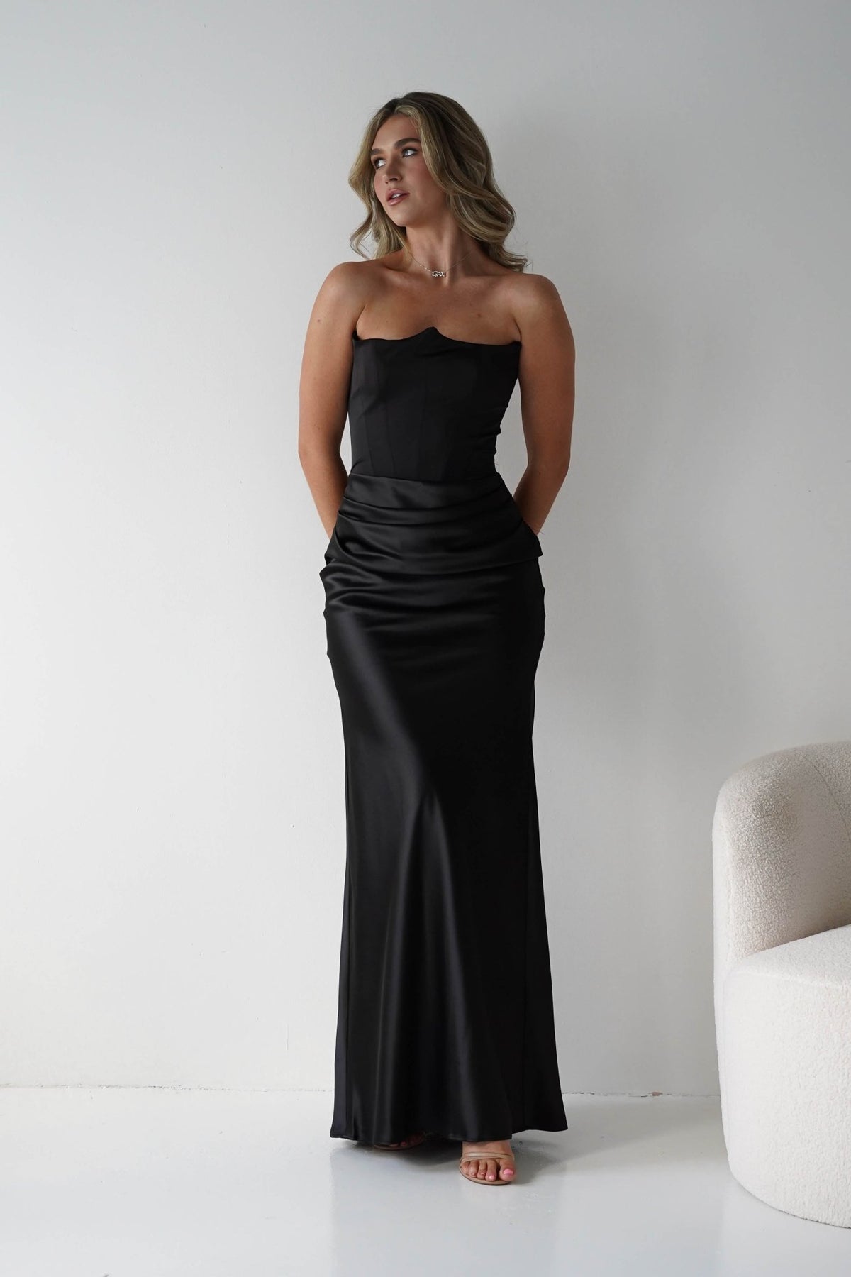 Giselle Corset Satin Maxi Dress | Black-Oh Hello Clothing