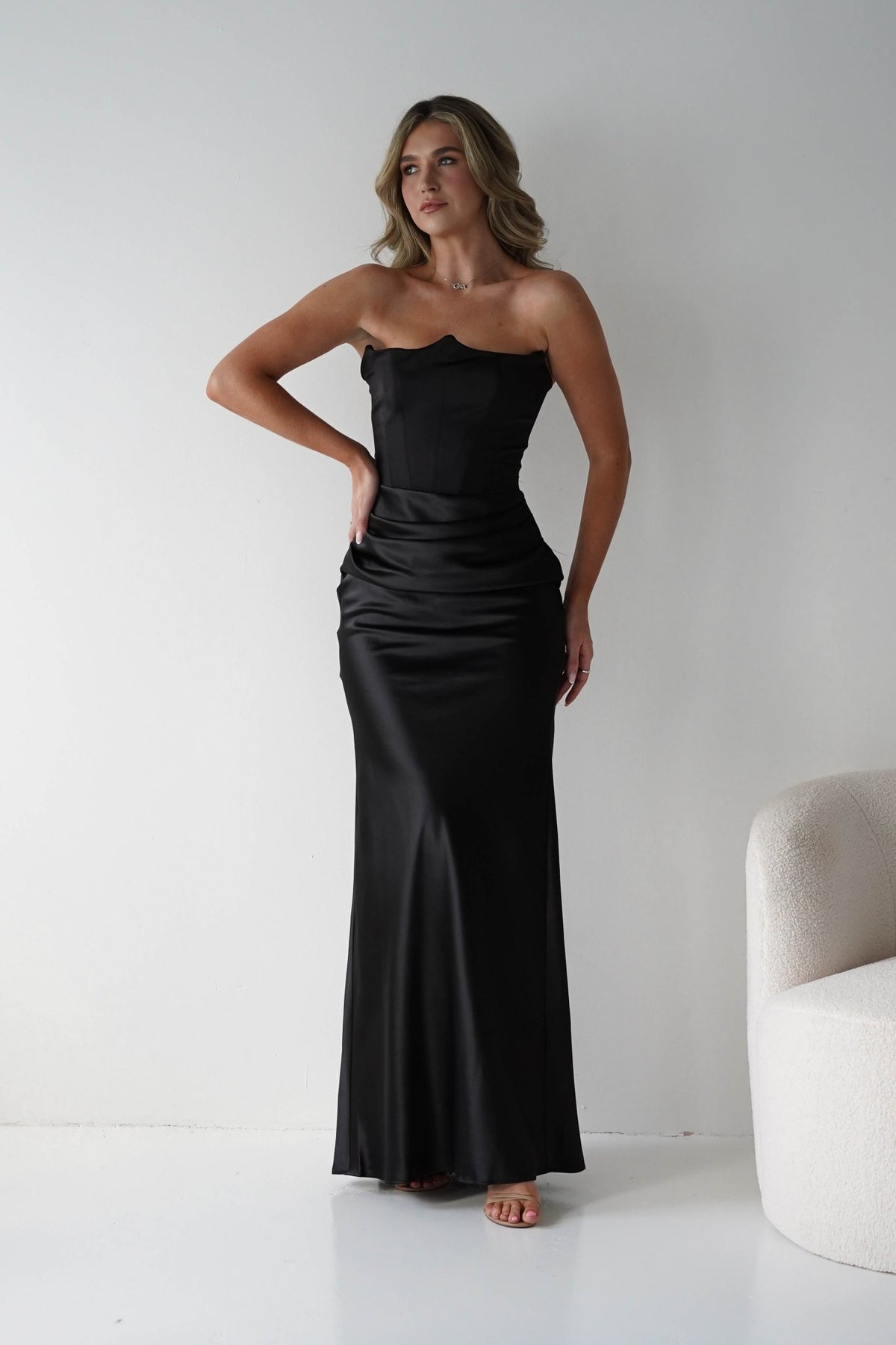 Giselle Corset Satin Maxi Dress | Black-Oh Hello Clothing