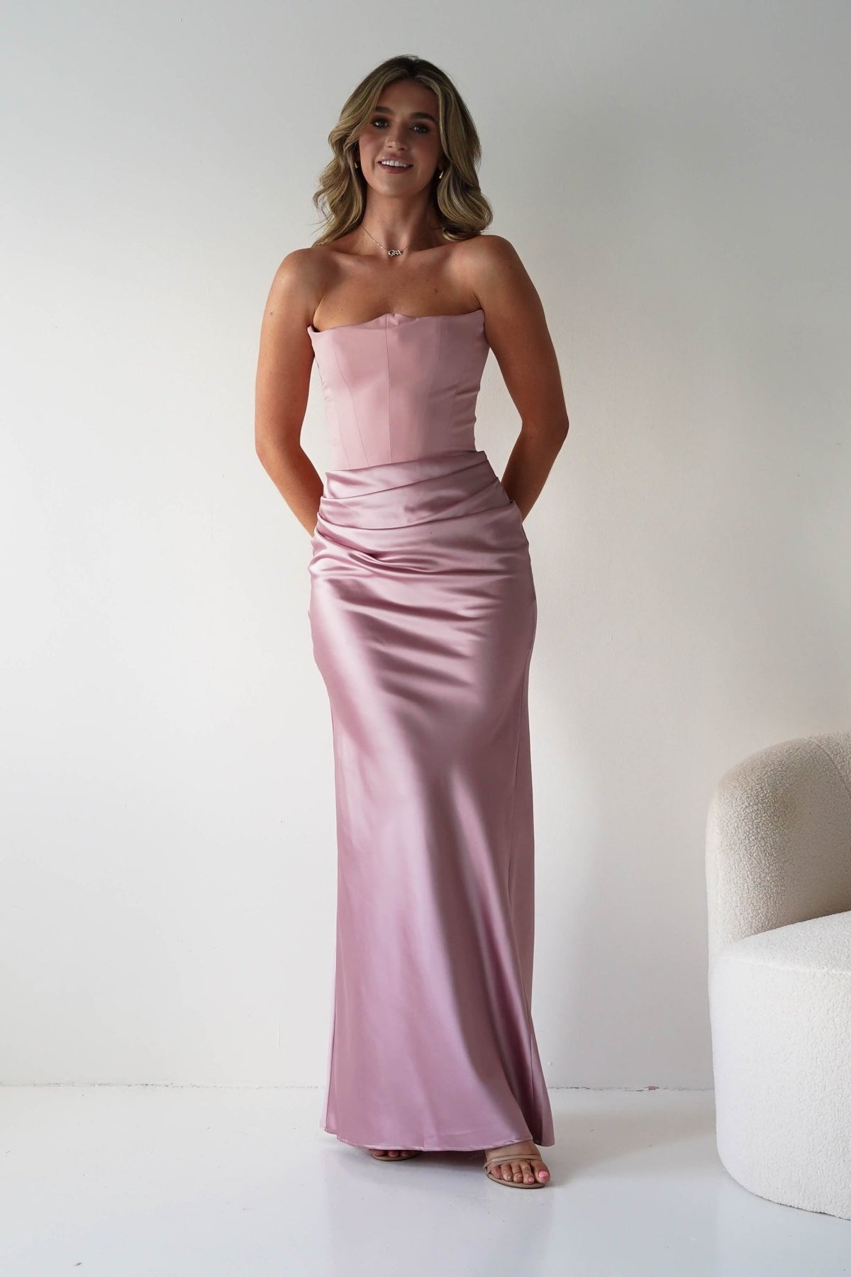 Giselle Corset Satin Maxi Dress | Blush-Oh Hello Clothing