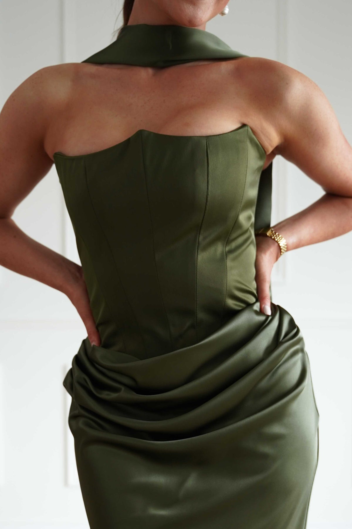 Giselle Corset Satin Maxi Dress | Olive-Oh Hello Clothing