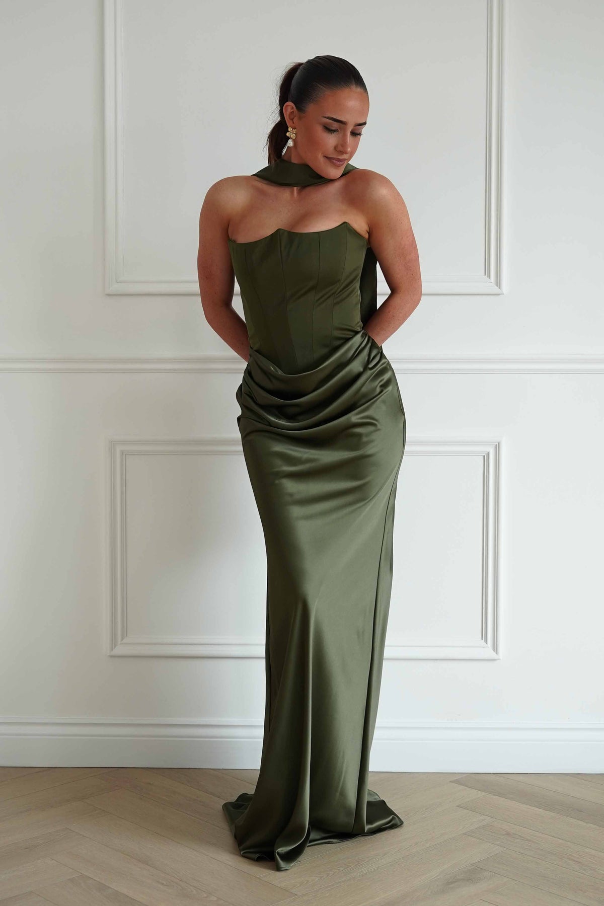 Giselle Corset Satin Maxi Dress | Olive-Oh Hello Clothing