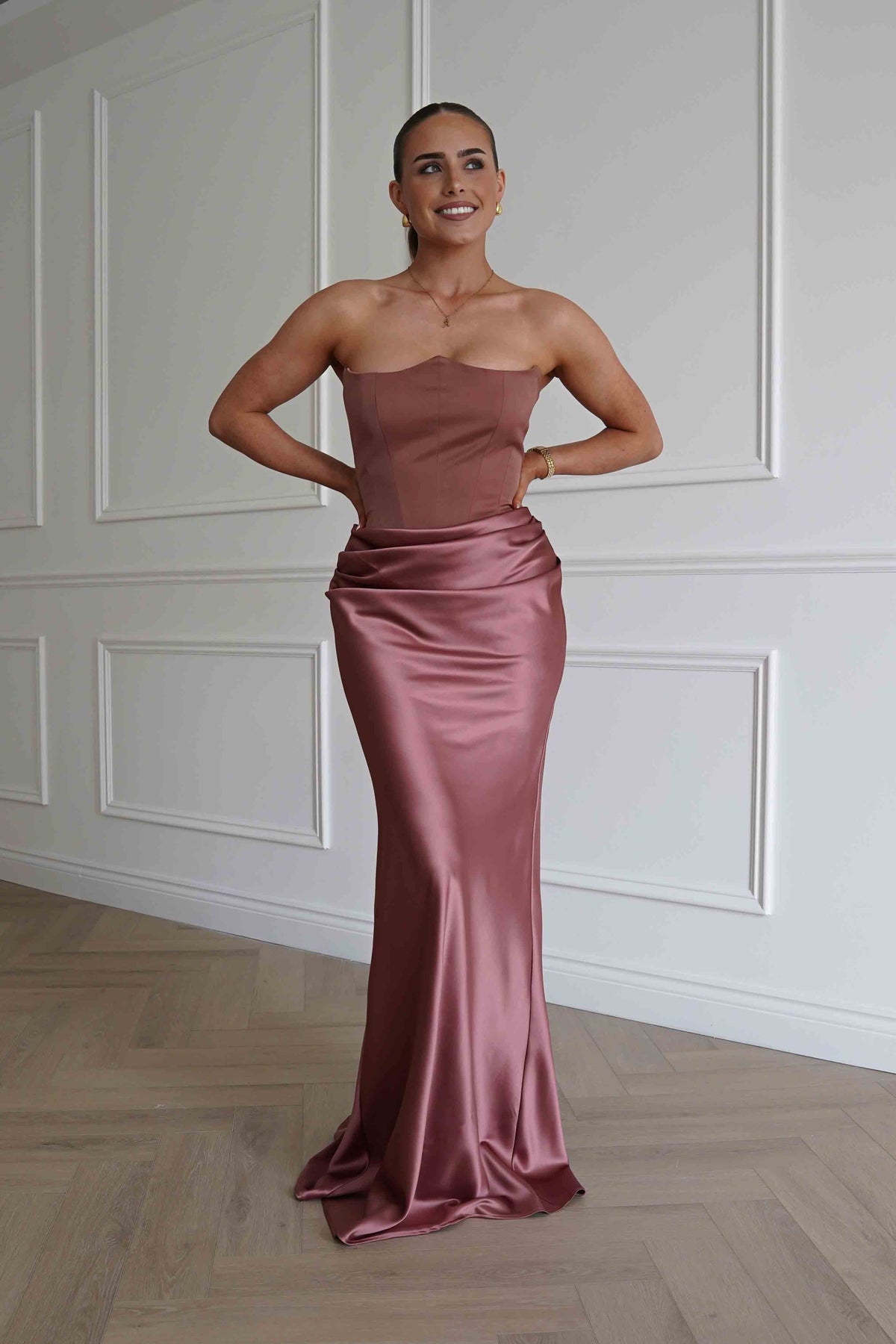 Giselle Corset Satin Maxi Dress | Rosewood-Oh Hello Clothing