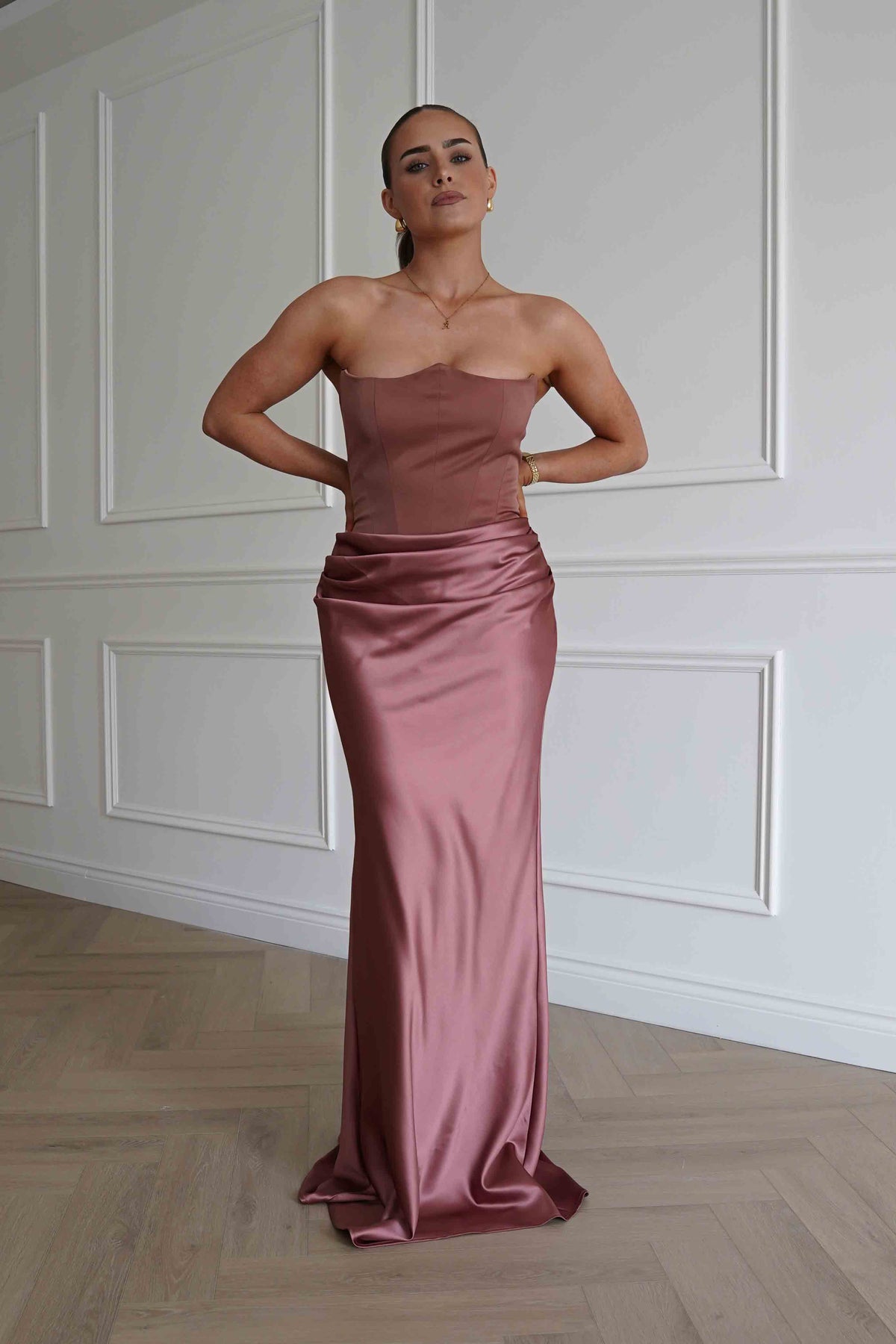 Giselle Corset Satin Maxi Dress | Rosewood-Oh Hello Clothing