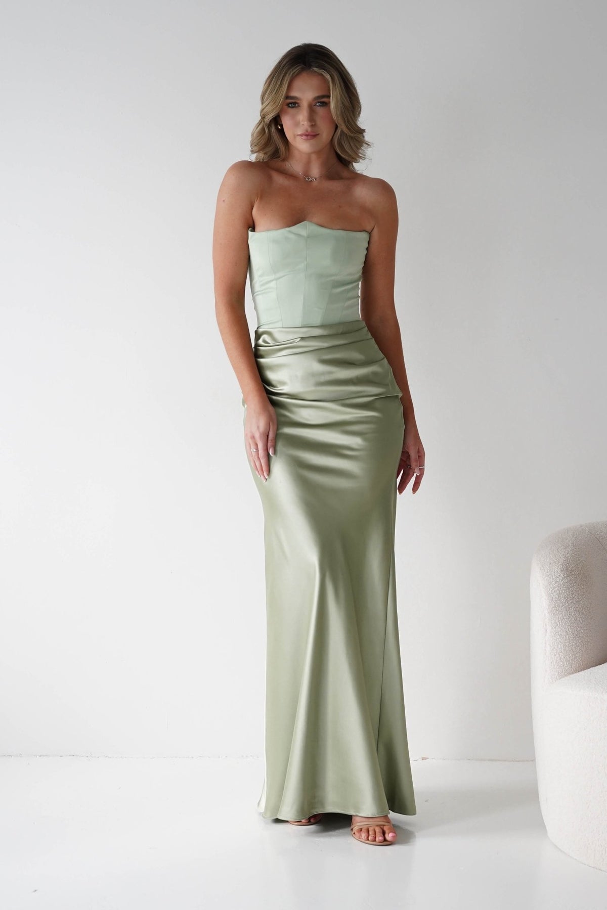 Giselle Corset Satin Maxi Dress | Sage-Oh Hello Clothing