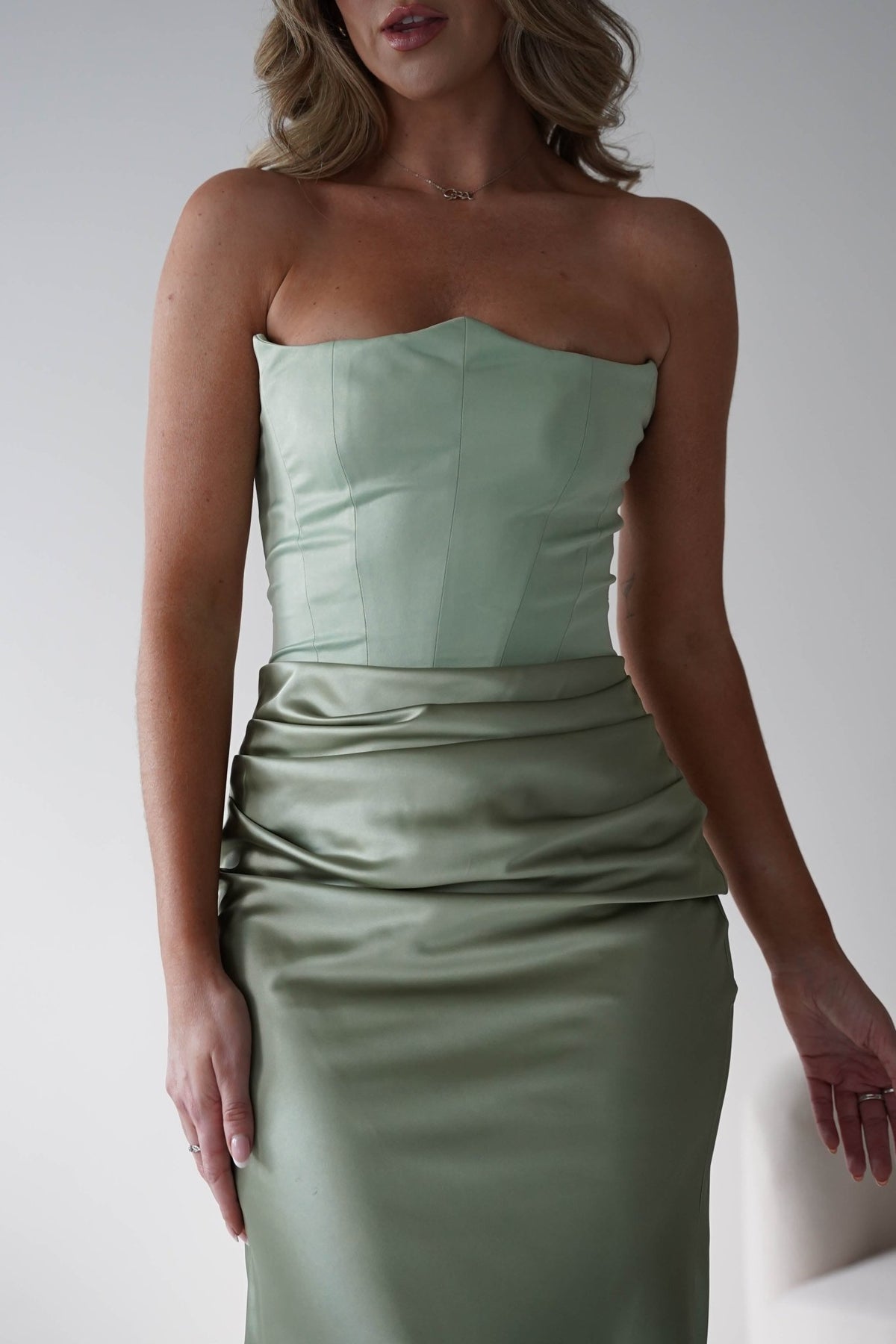 Giselle Corset Satin Maxi Dress | Sage-Oh Hello Clothing