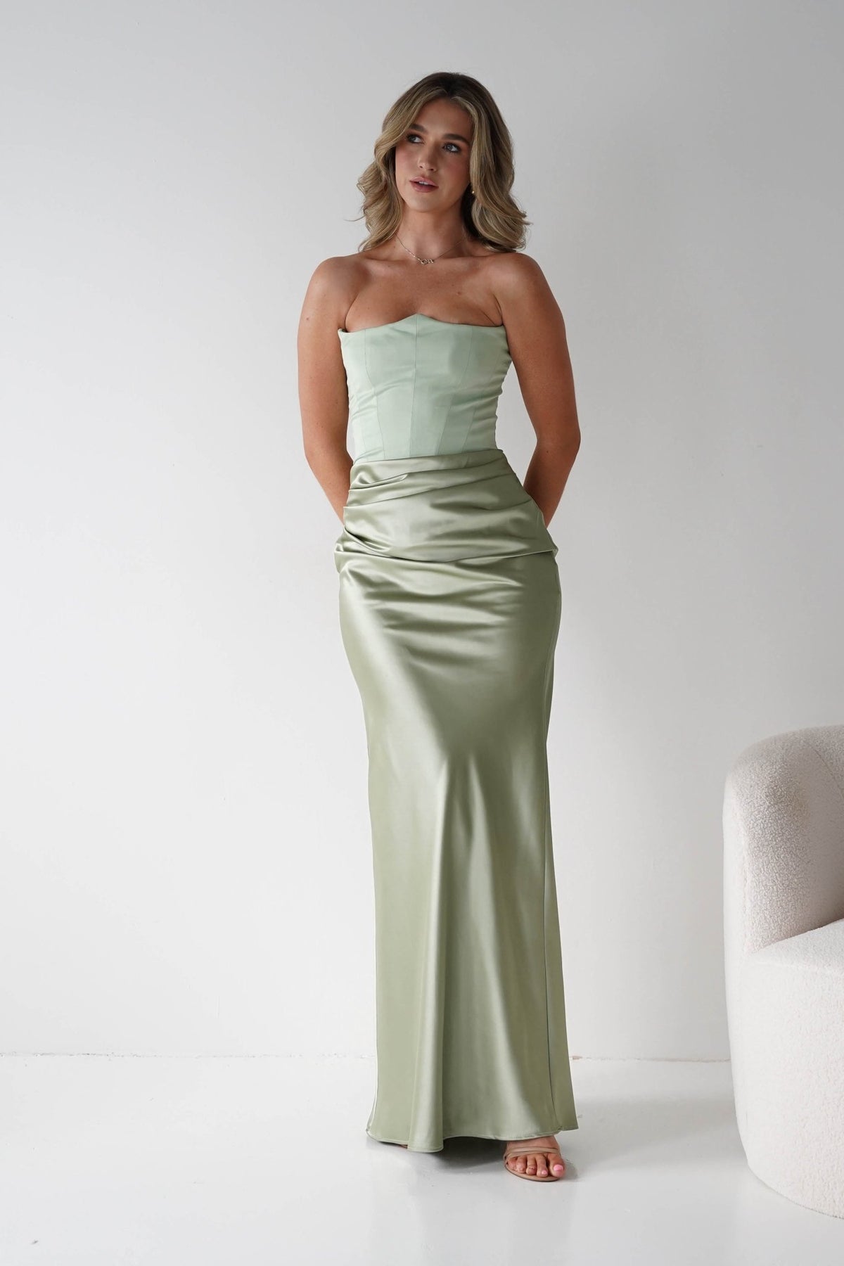 Giselle Corset Satin Maxi Dress | Sage-Oh Hello Clothing
