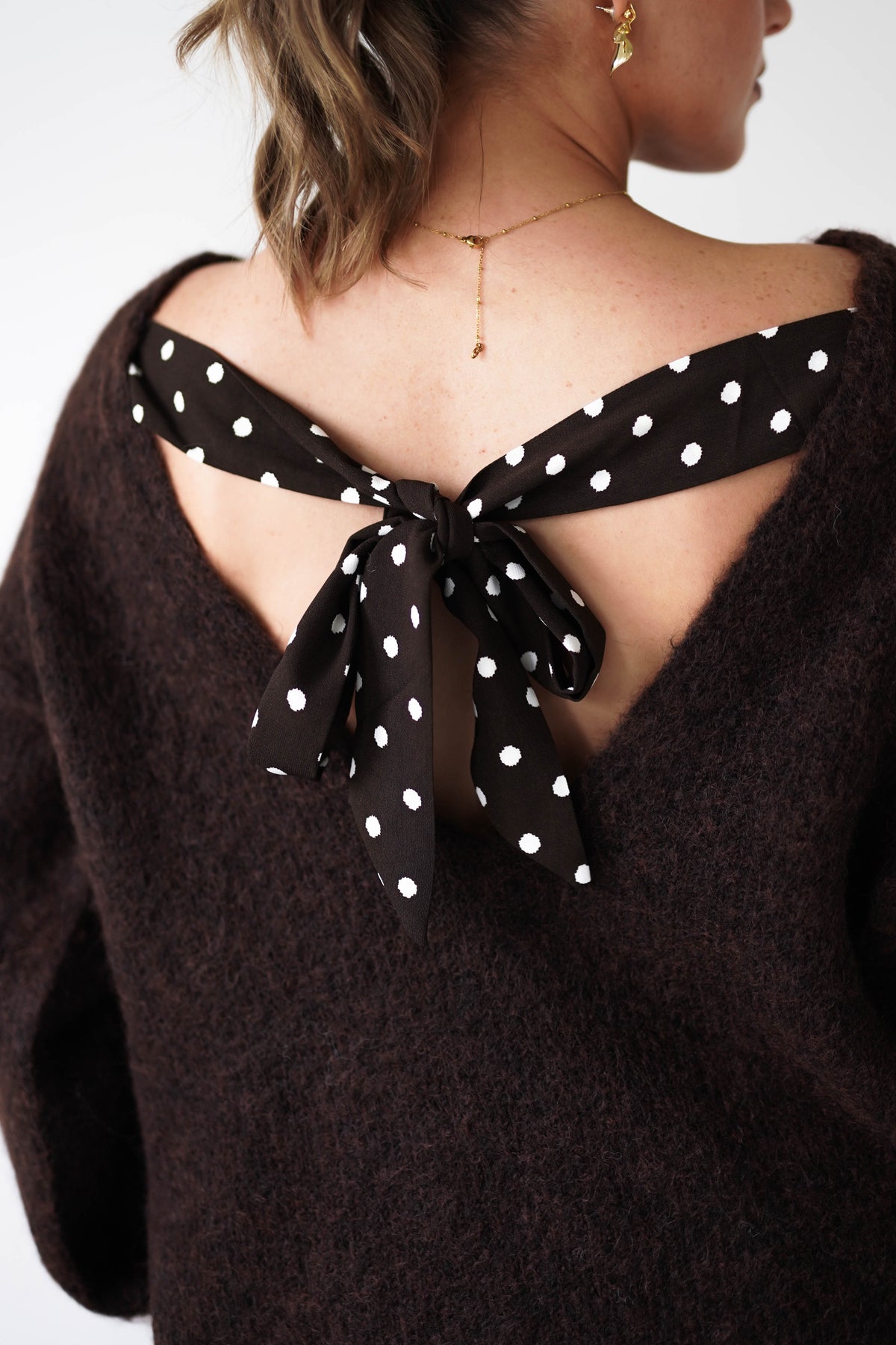 Gracie Polka Dot Bow Back Knit Jumper | Brown-Oh Hello Clothing