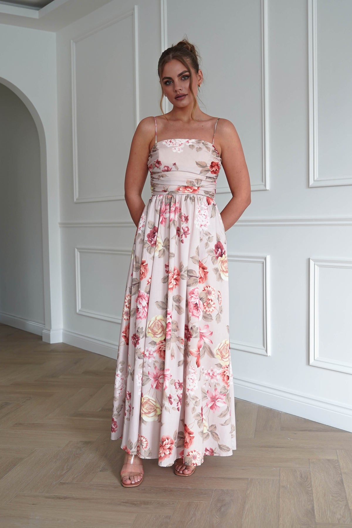 Hallie Floral Ruched Midi Dress | Beige-Oh Hello Clothing
