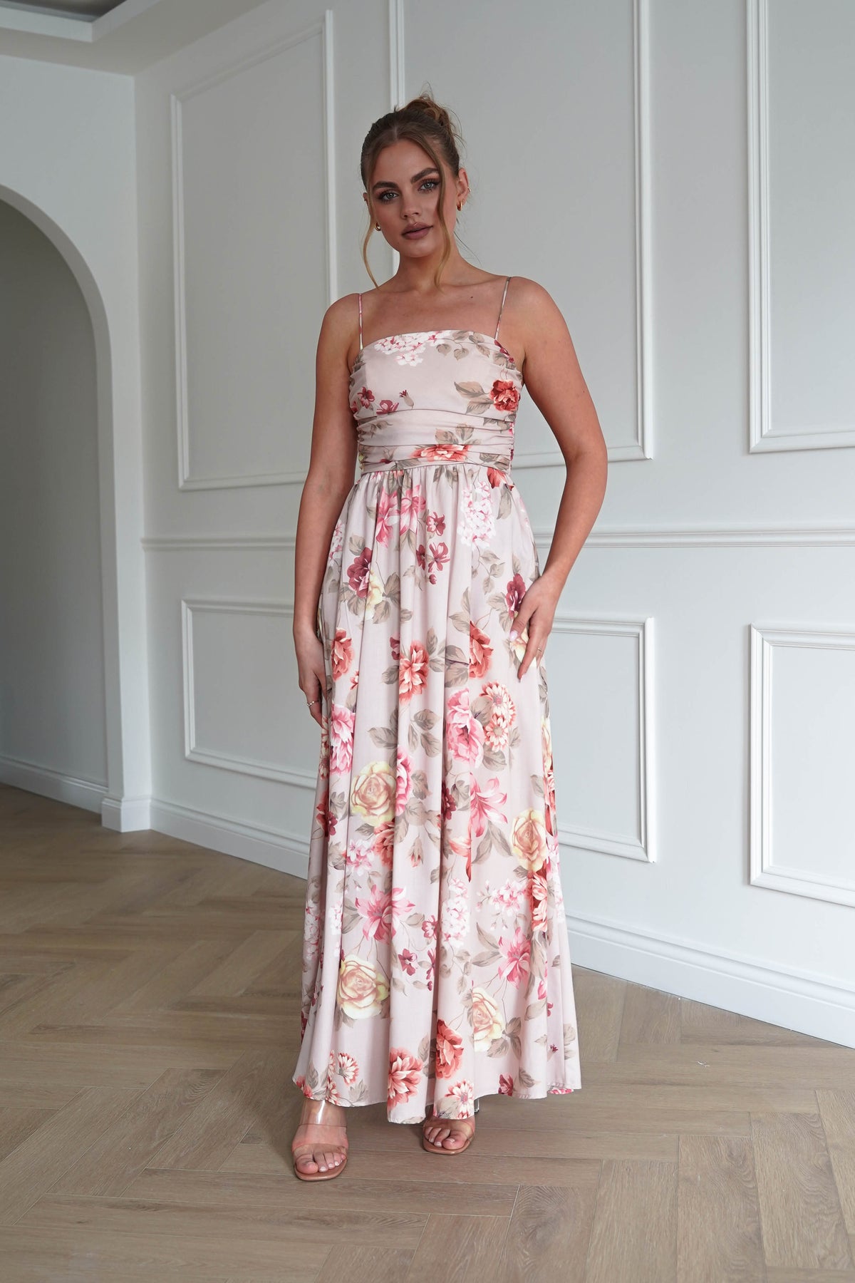 Hallie Floral Ruched Midi Dress | Beige-Oh Hello Clothing