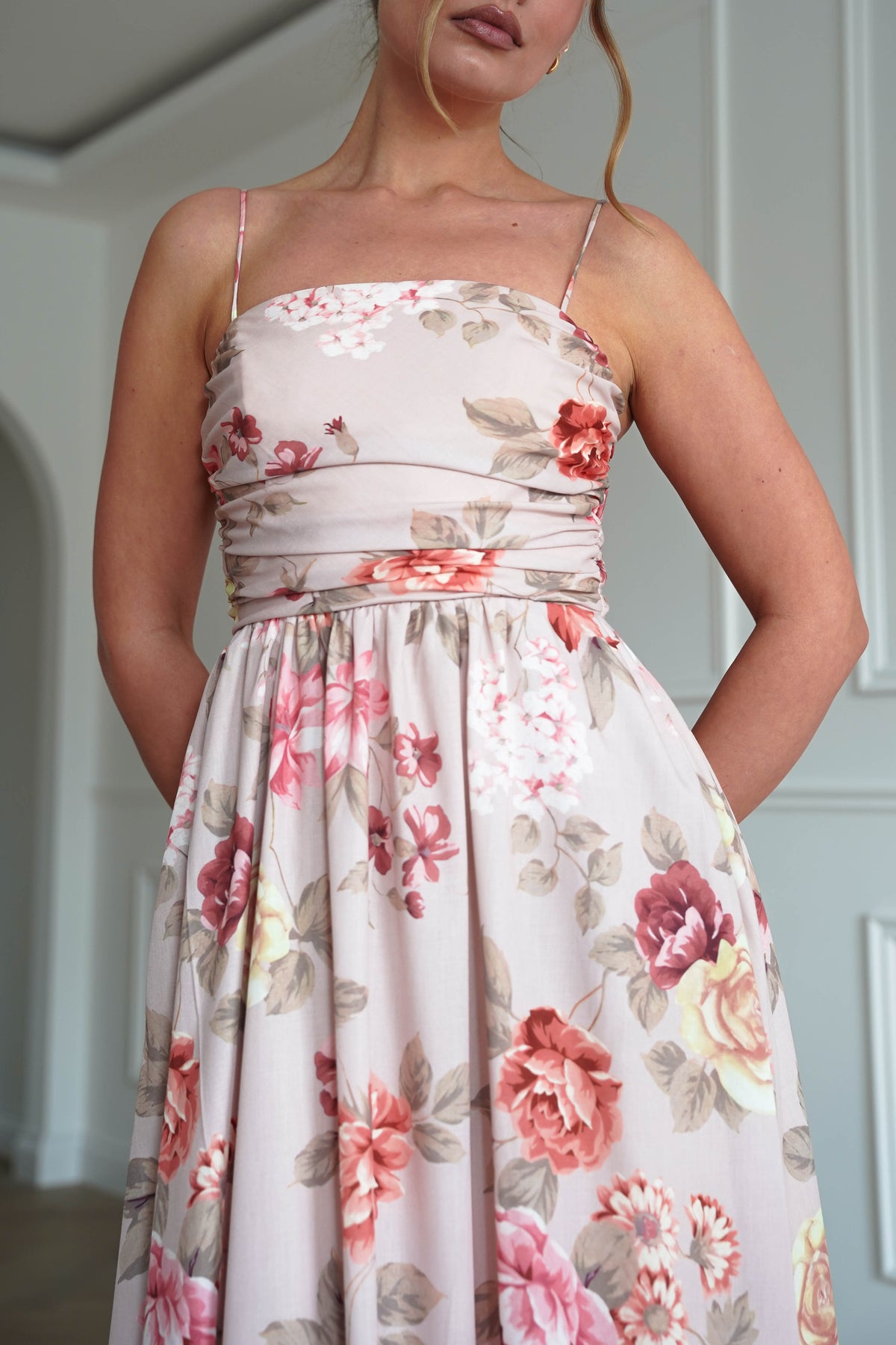 Hallie Floral Ruched Midi Dress | Beige-Oh Hello Clothing