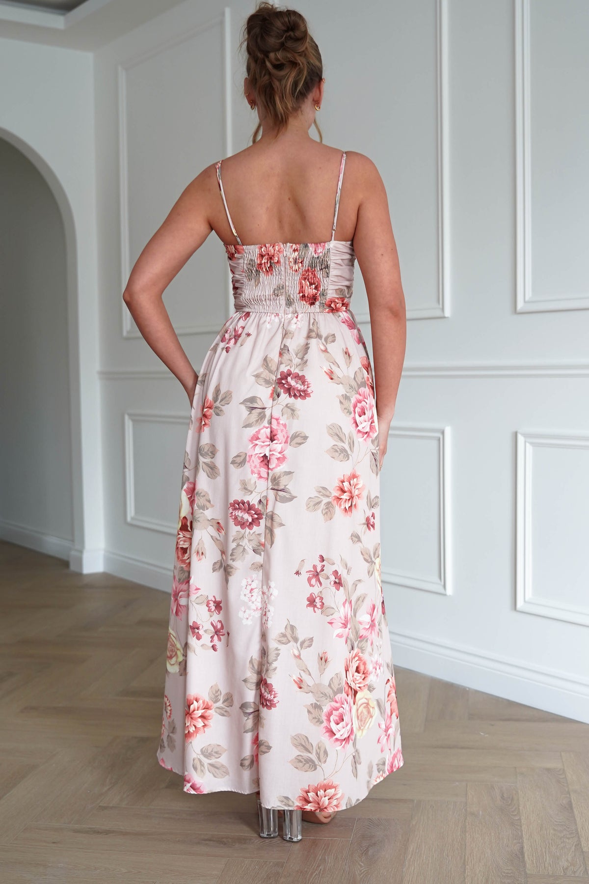Hallie Floral Ruched Midi Dress | Beige-Oh Hello Clothing