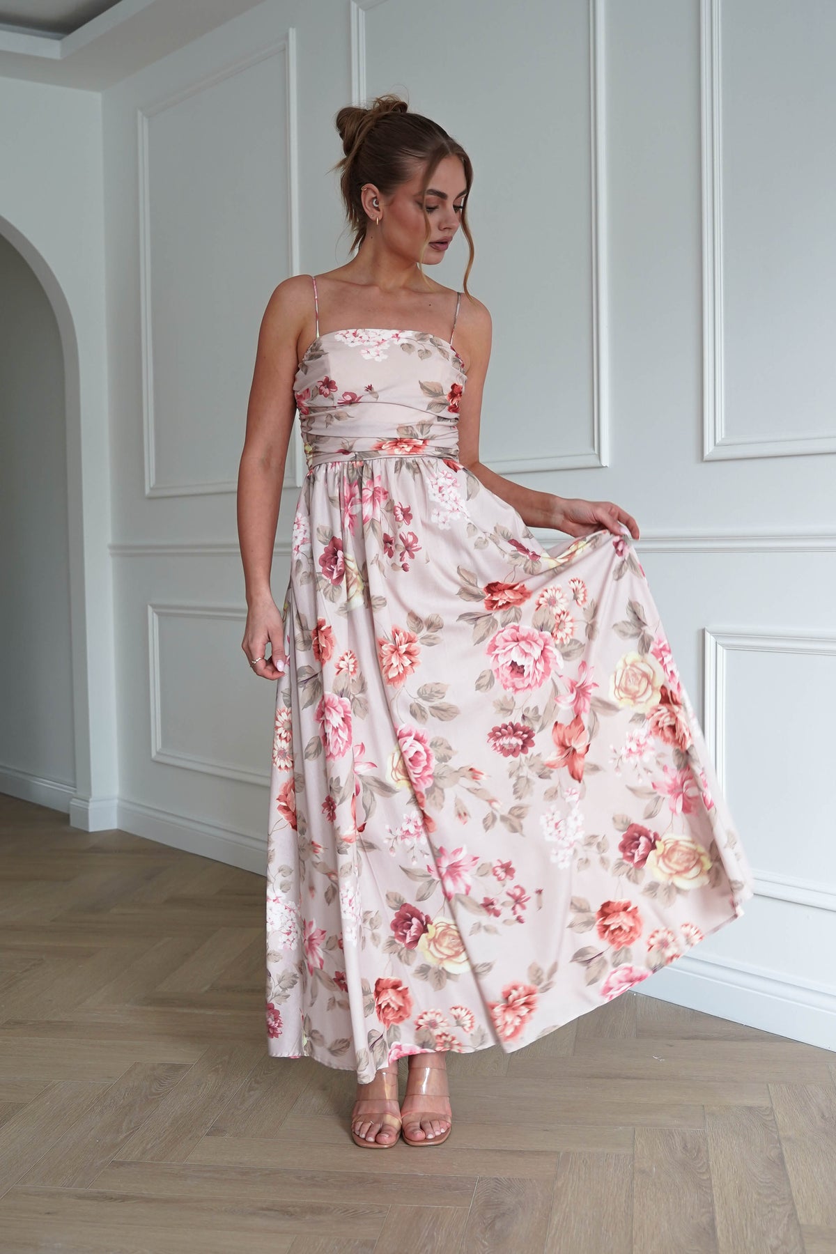 Hallie Floral Ruched Midi Dress | Beige-Oh Hello Clothing