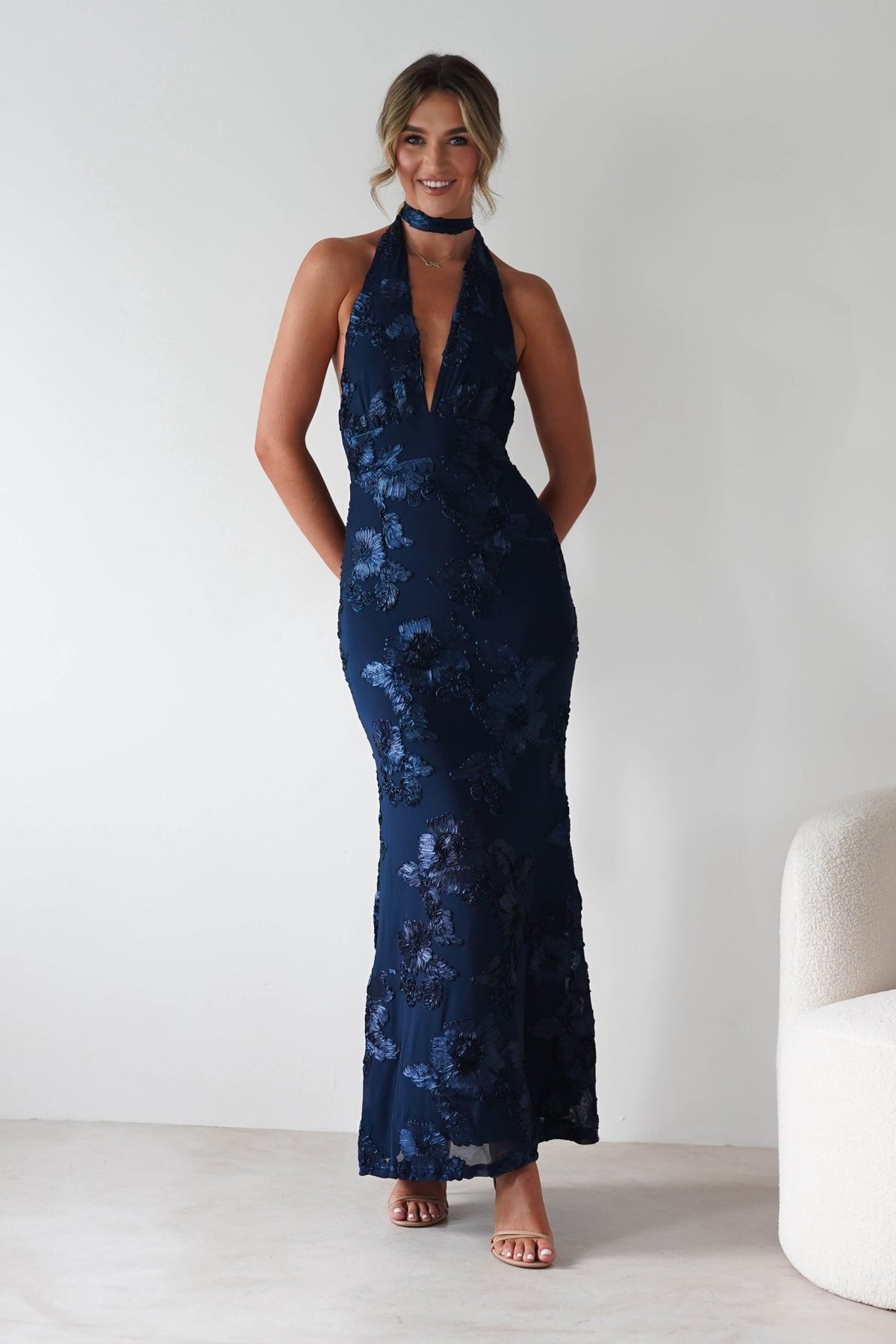 Halsey Tie Back Maxi Dress | Navy Textured-Oh Hello Clothing