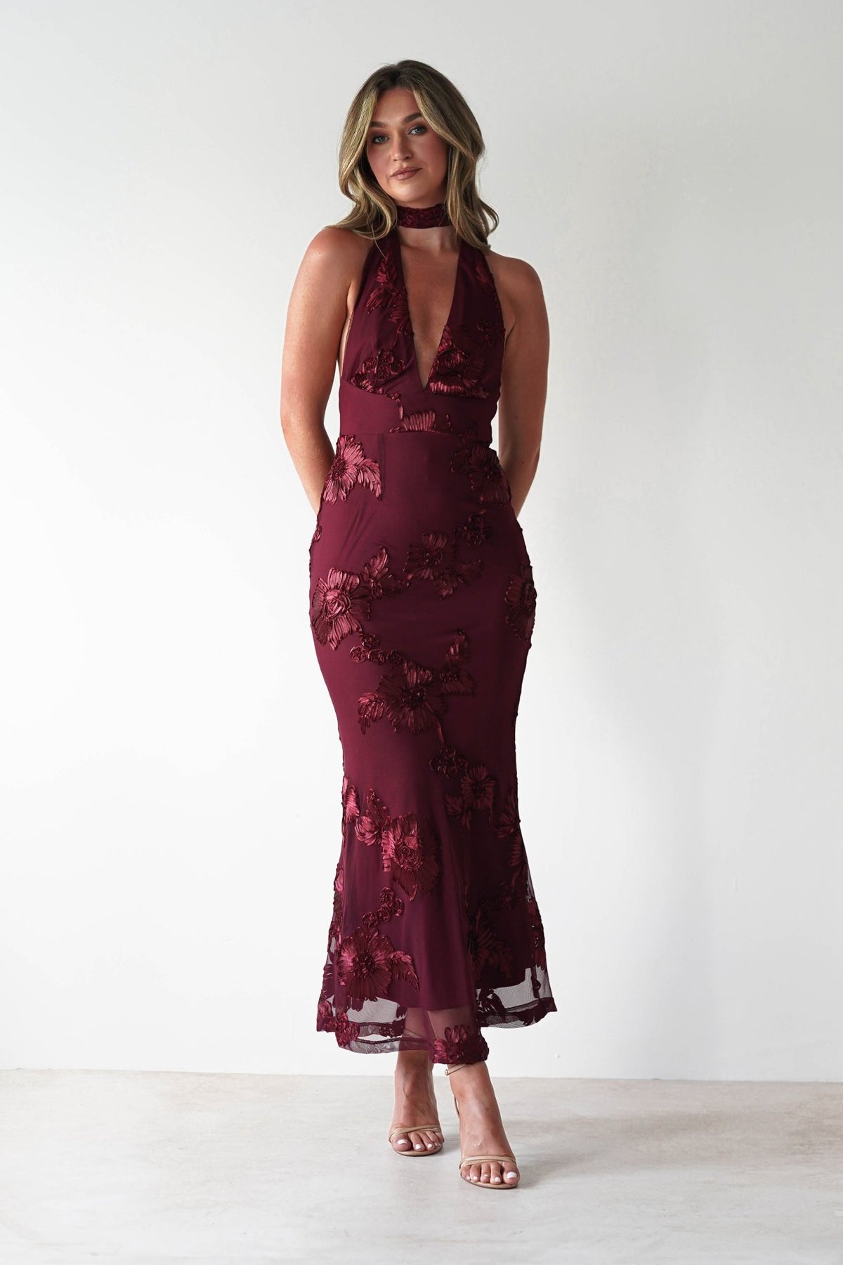 Halsey Tie Back Maxi Dress | Wine Textured-Oh Hello Clothing
