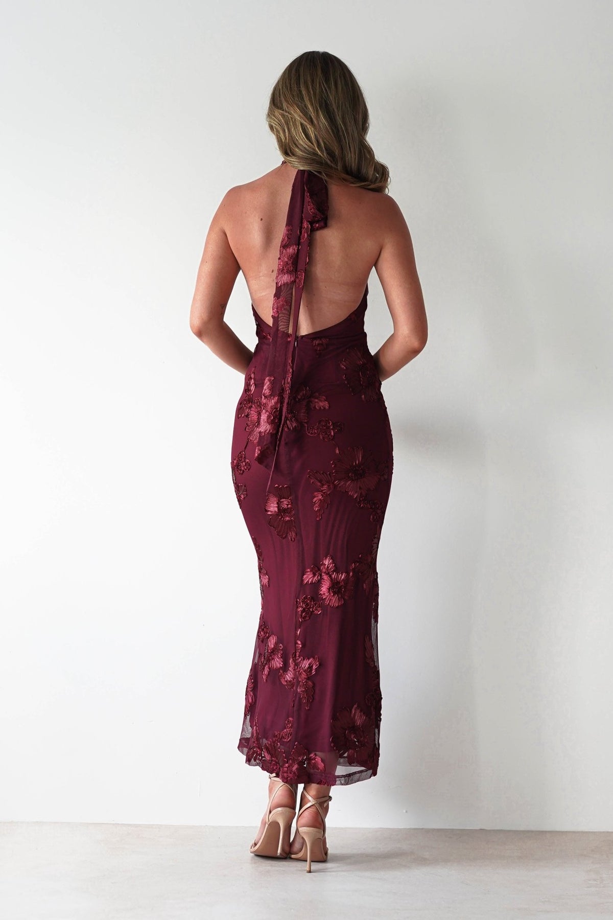 Halsey Tie Back Maxi Dress | Wine Textured-Oh Hello Clothing