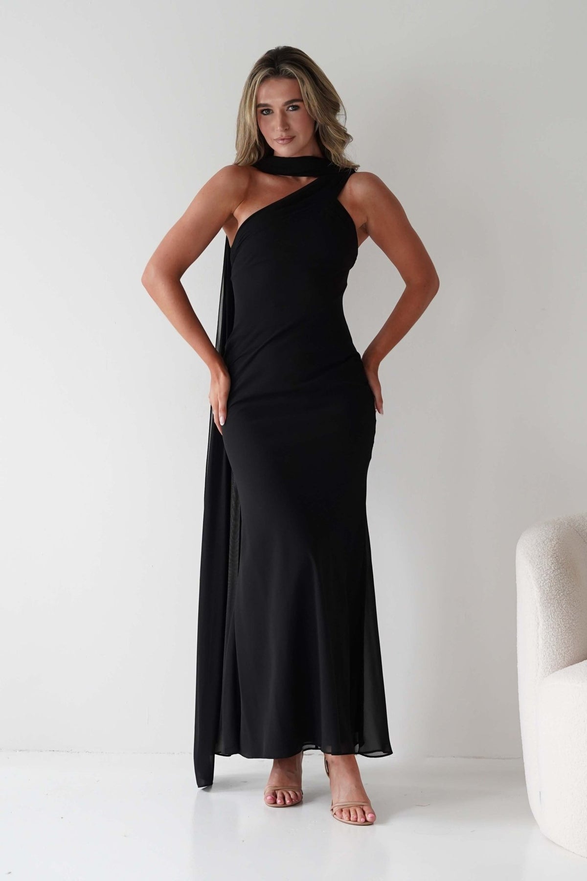 Hathaway Chiffon Drape Maxi Dress | Black-Oh Hello Clothing