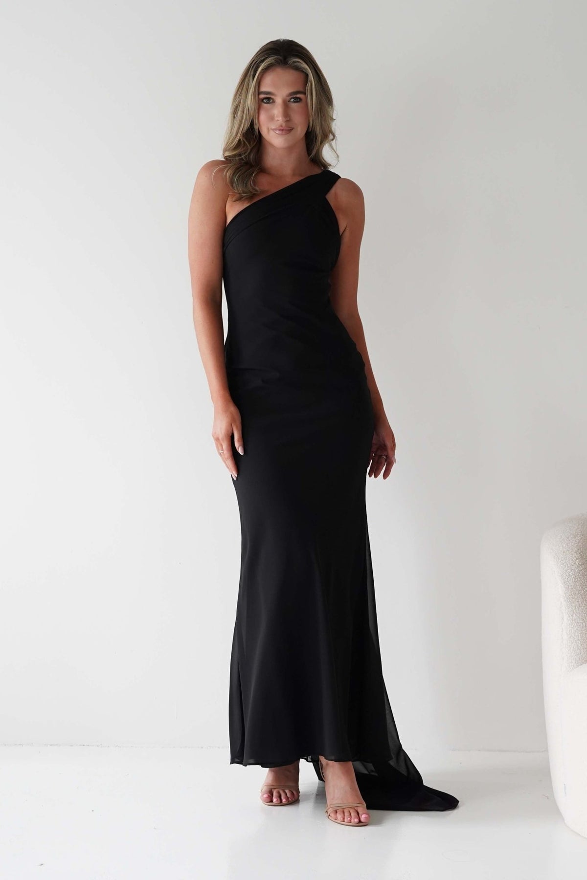 Hathaway Chiffon Drape Maxi Dress | Black-Oh Hello Clothing